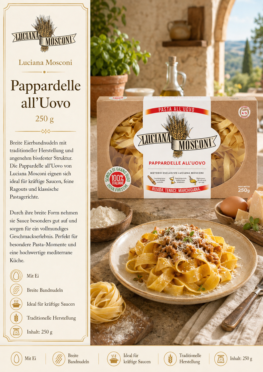 Pappardelle, All'Uovo, Pastapasta, Nudeln, 250 g