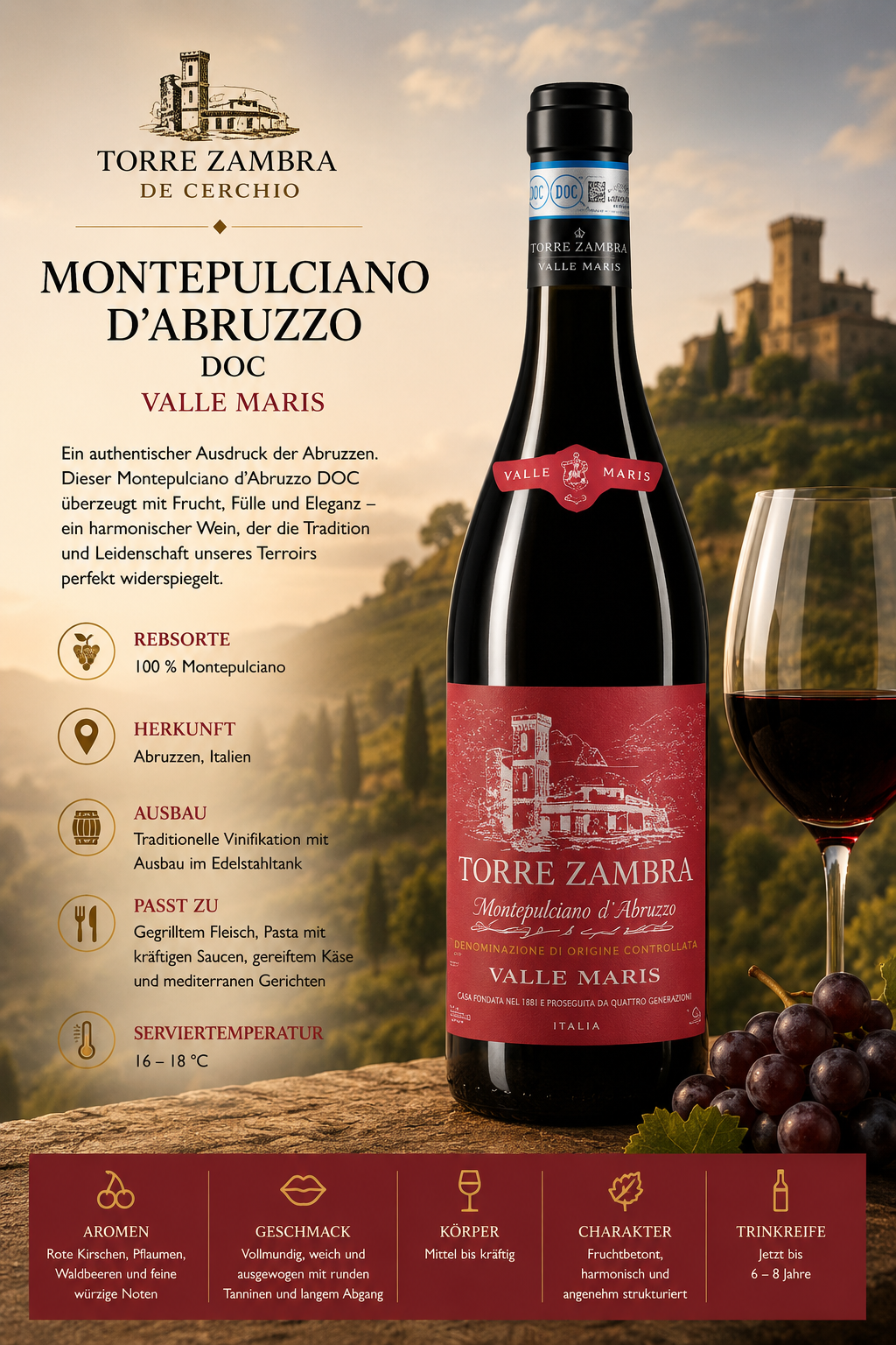 Wein, Rotwein, Montepulciano, Valle Maris, Italienischer Wein