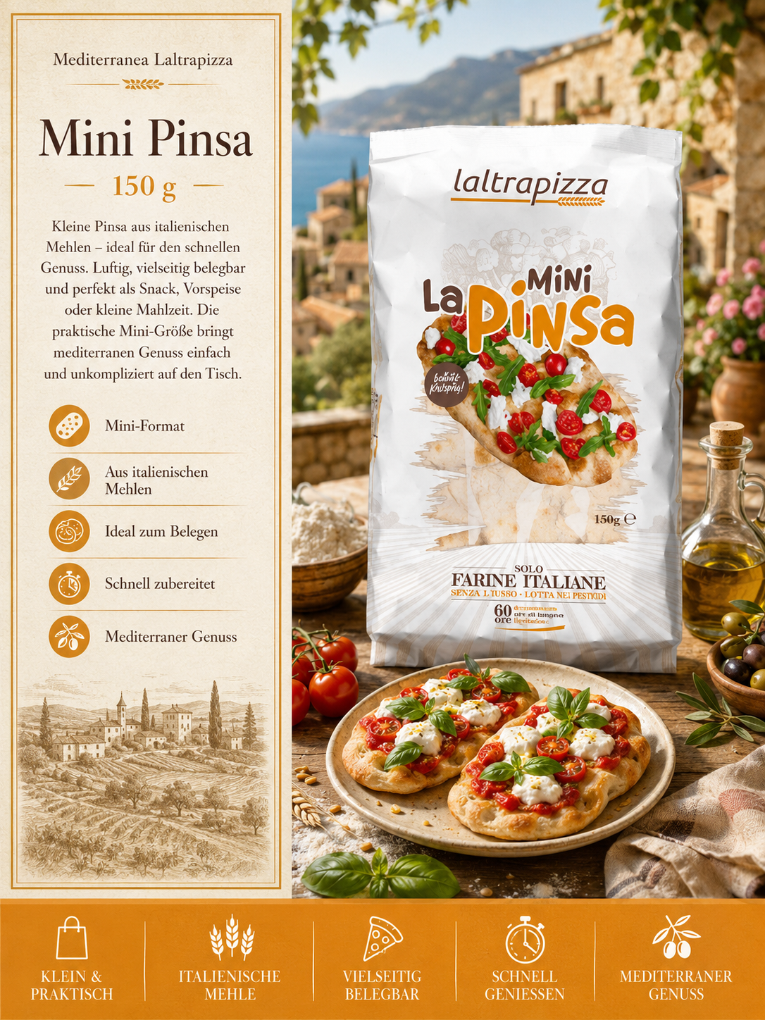 Pinsa, Mini Pinsa, 150 g, Italienische Mehle, Olivenöl