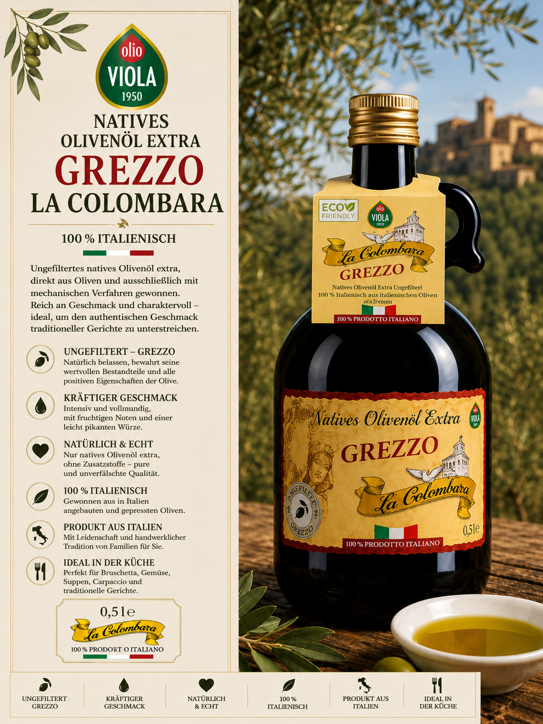 Olivenöl, Italienisch, Grezzo, La Colombara, Natives Olivenöl Extra