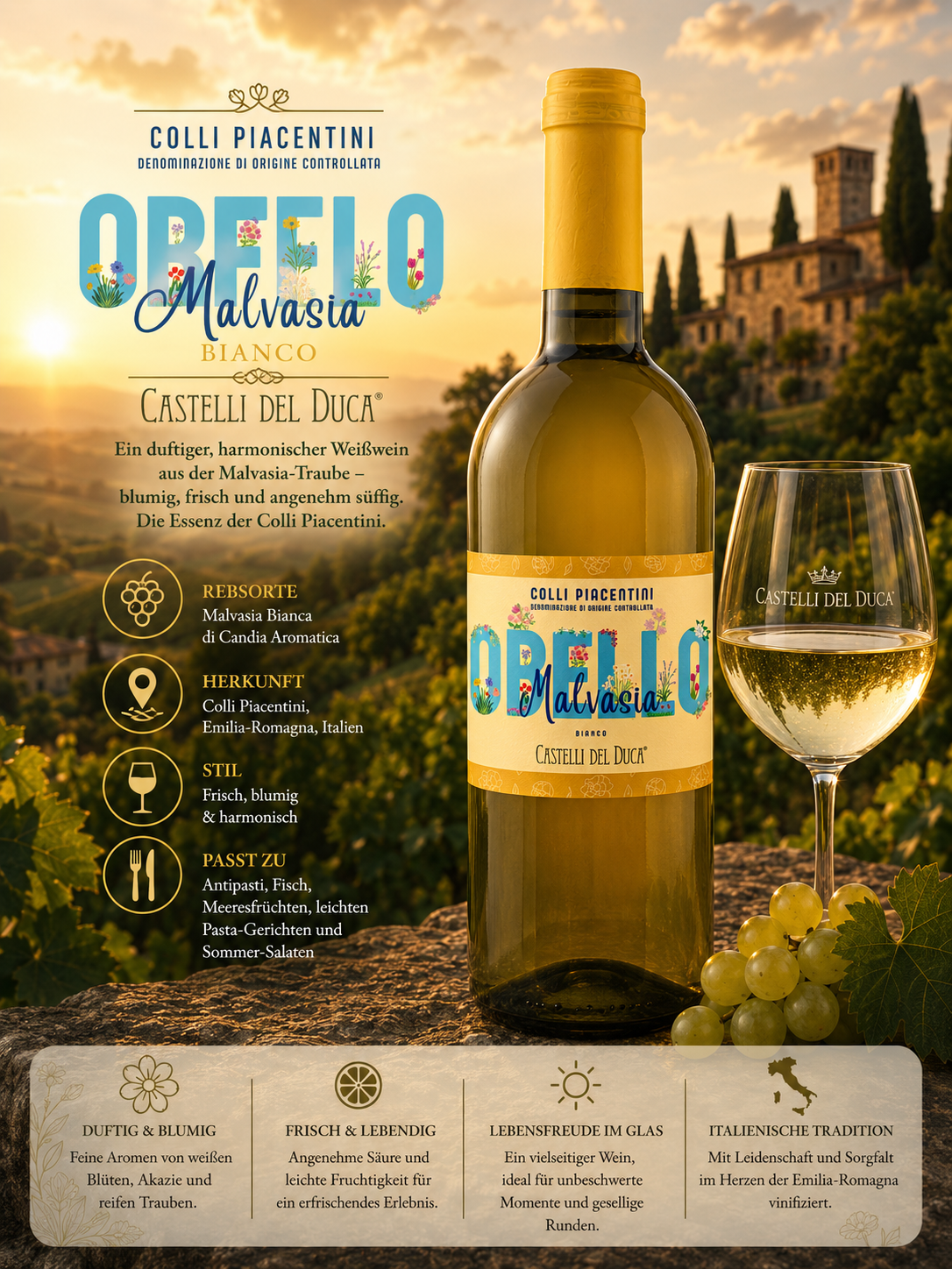 Weißwein, Weißweinflasche, Italienisch, Colli Piacentini, Malvasia
