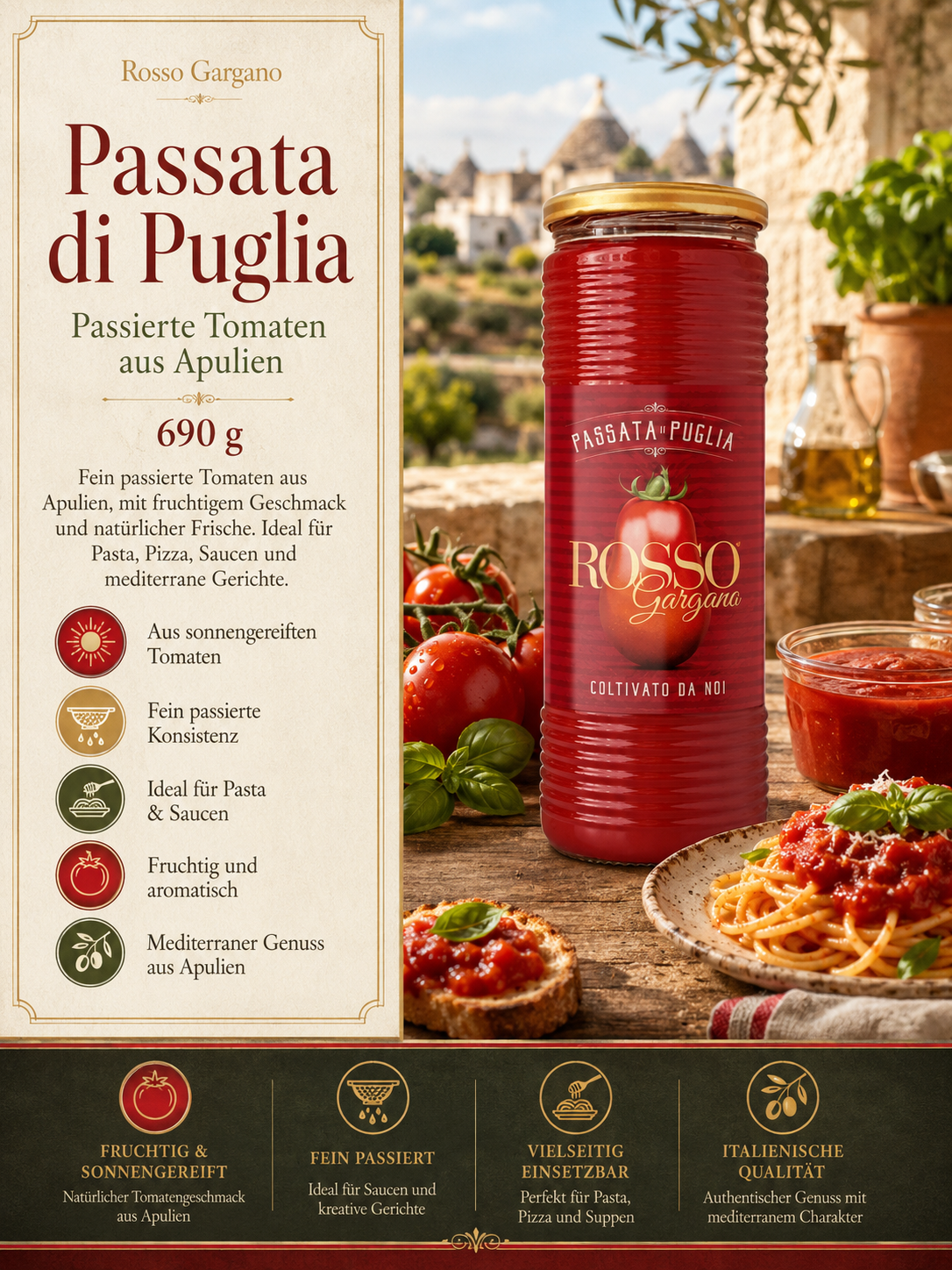 Passata di Puglia, Tomaten, Tomatensauce, Glasflasche, Pasta-Sauce