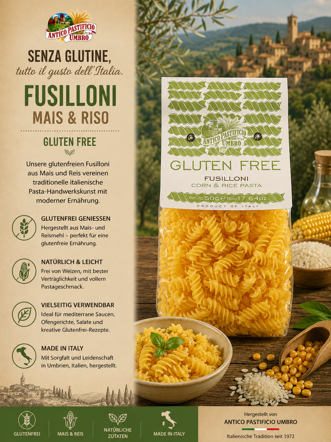 glutenfrei, fusilloni, maïs & reis, italienische pasta, corn & rice pasta