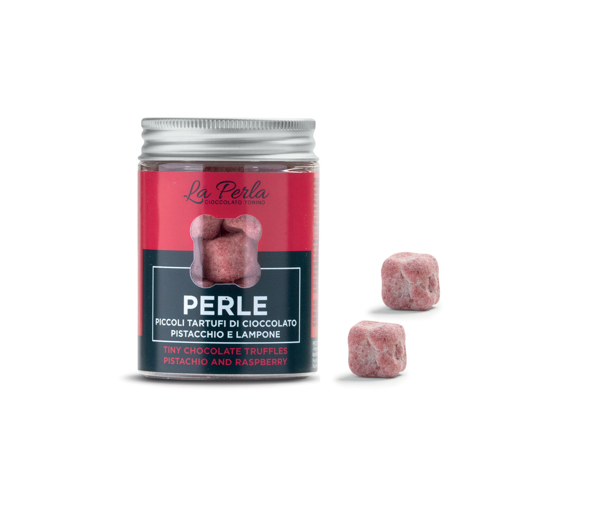 Perlen mit Himbeeren und Pistazien in Metalldose 50g /La Perla