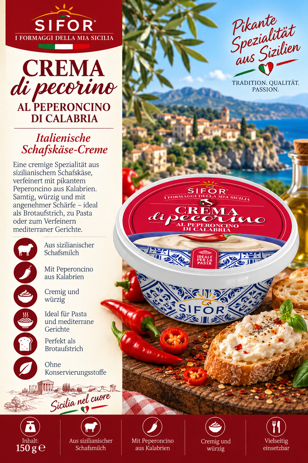 Käsecreme, Peperoncino, Calabria, italienische Schafskäse-Creme, Sicilia