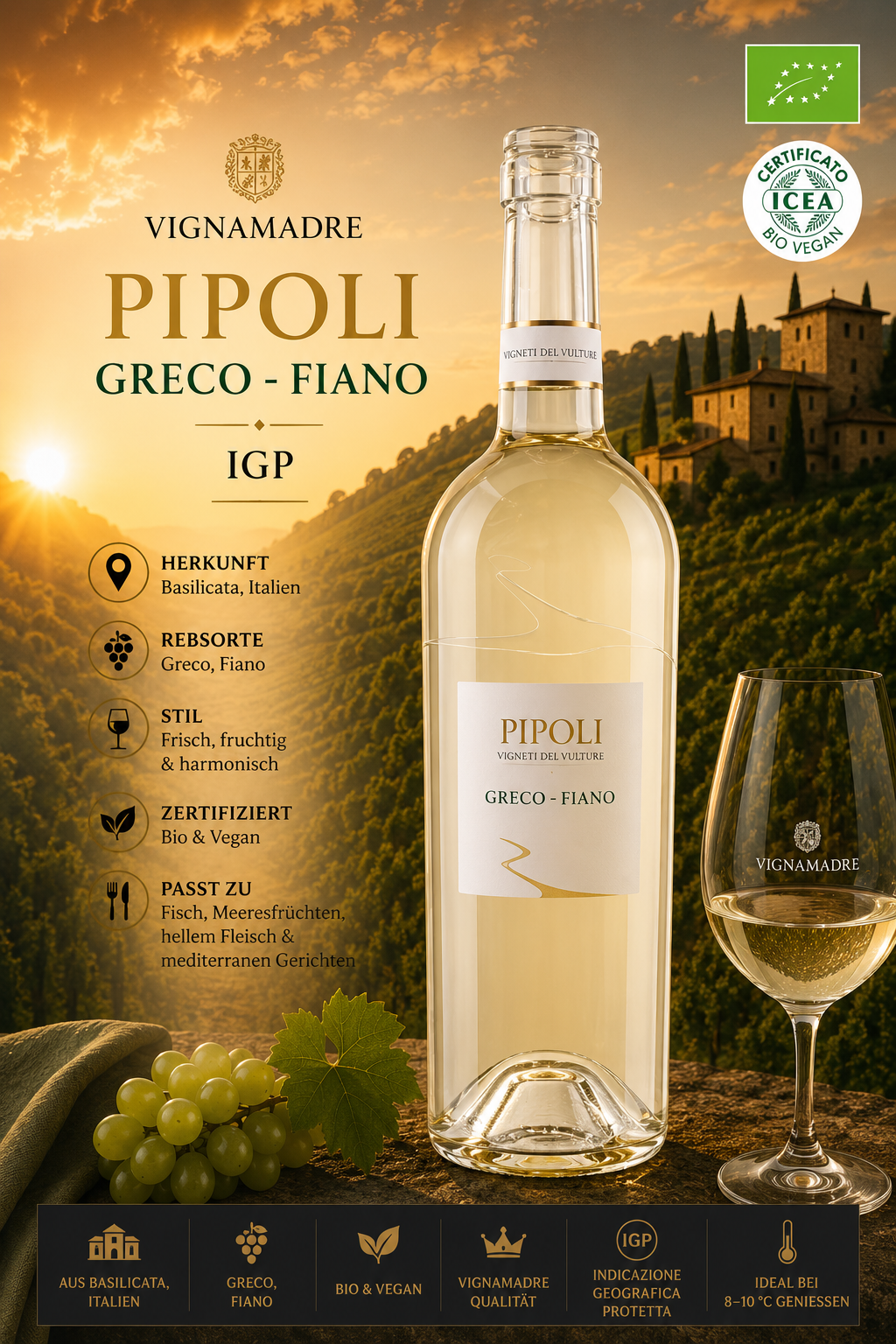 Weißwein, Greco-Fiano, Bio & Vegan, IGP, Weinglas