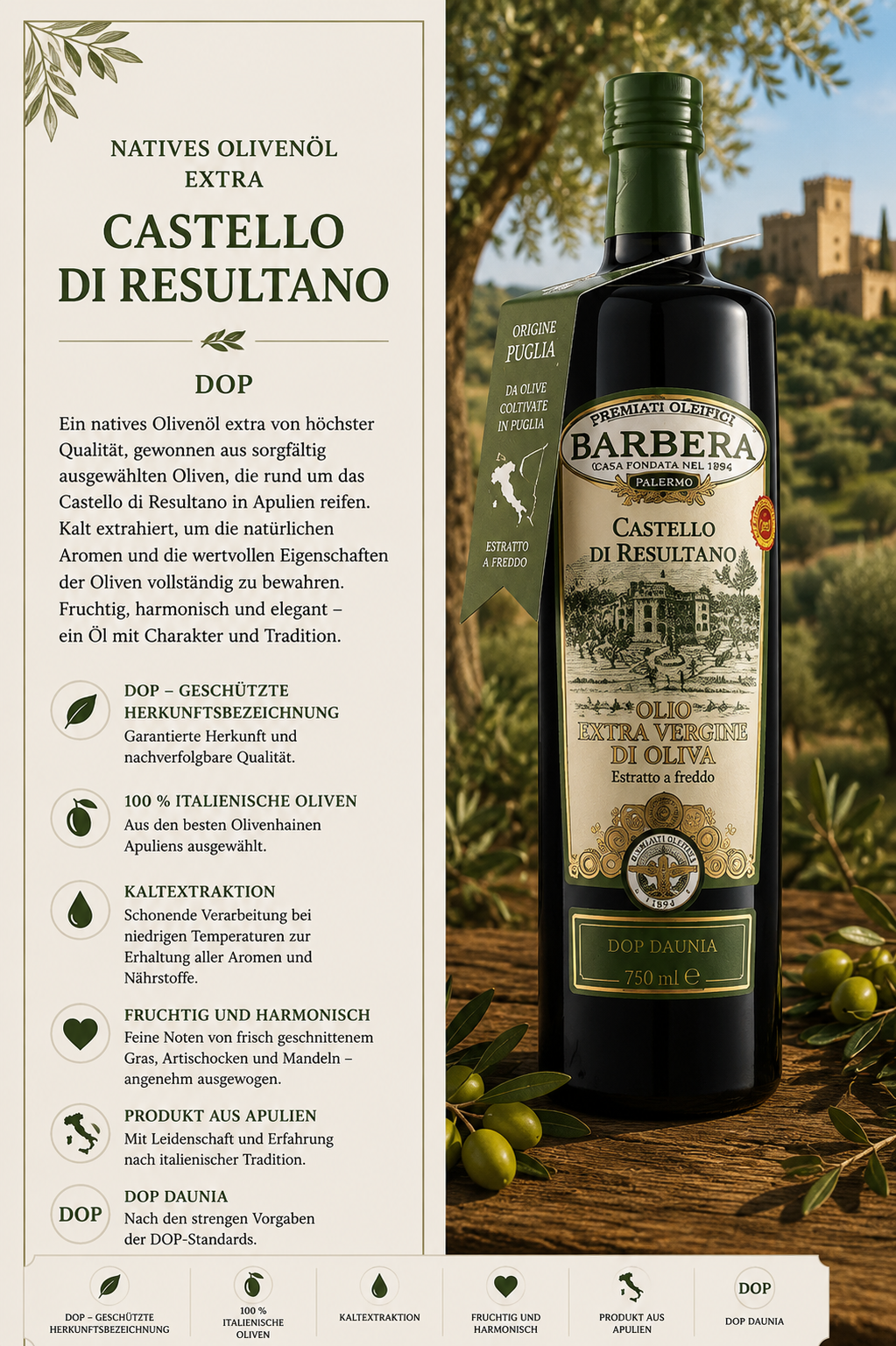 Olivenöl, Extra Vergine, Castello di Resultano, Palermo, 750 ml