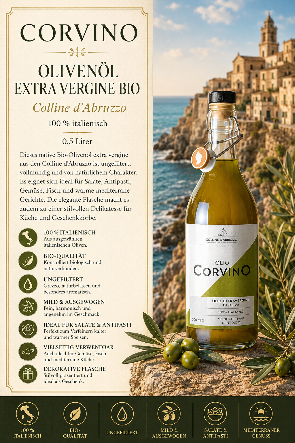 Olivenöl, Extra Vergine, Bio, Colline dAbruzzo, Flasche Glas