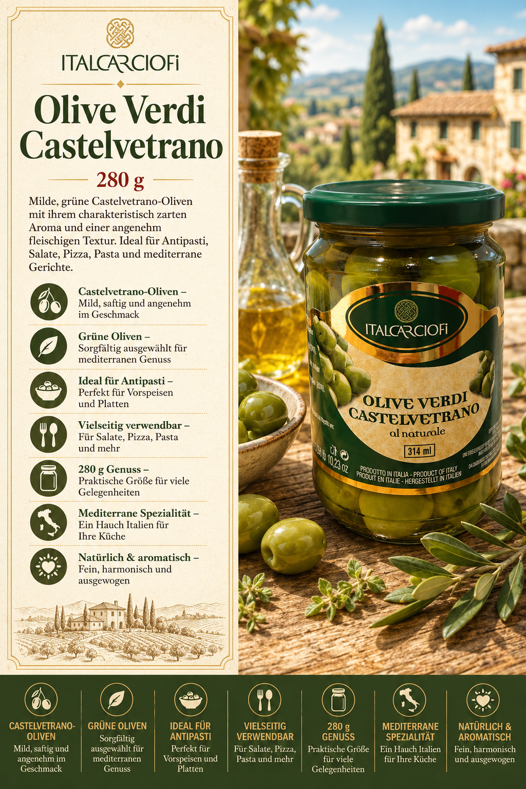 Olive, Olivenöl, Castelvetrano, Grüne Oliven, Glasgefäß