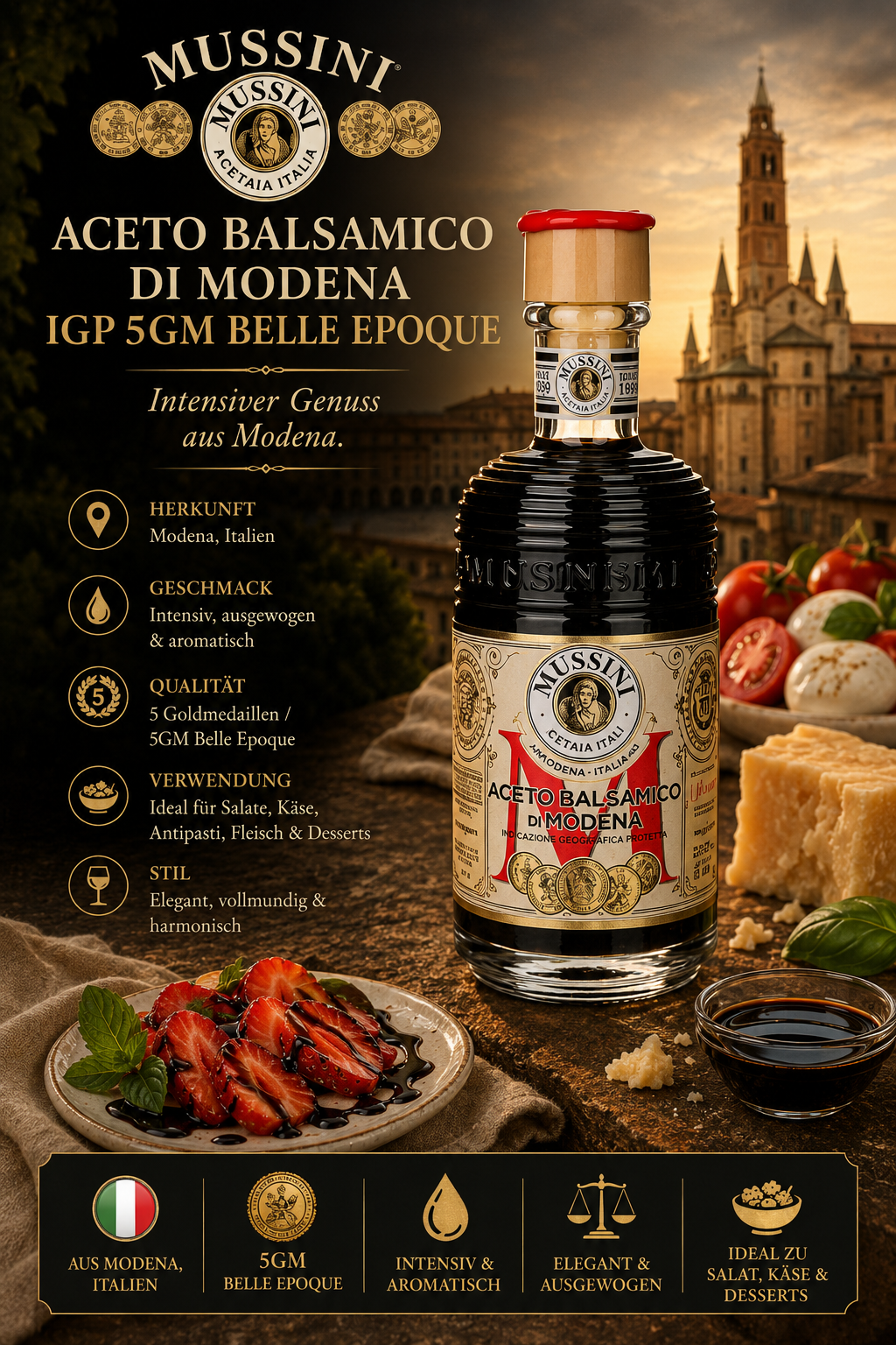 Aceto balsamico, Modena, Glasflasche, Korkverschluss, Bondegustationsbild