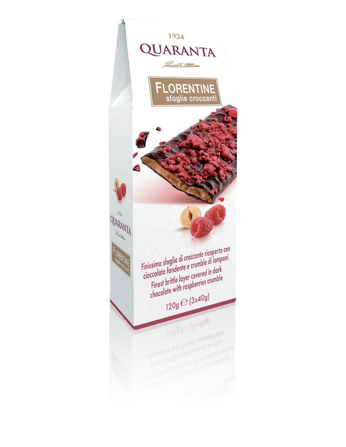 Florentine Krokant mit dunklem Schokoladenüberzug und Himbeeren 120g | Quaranta