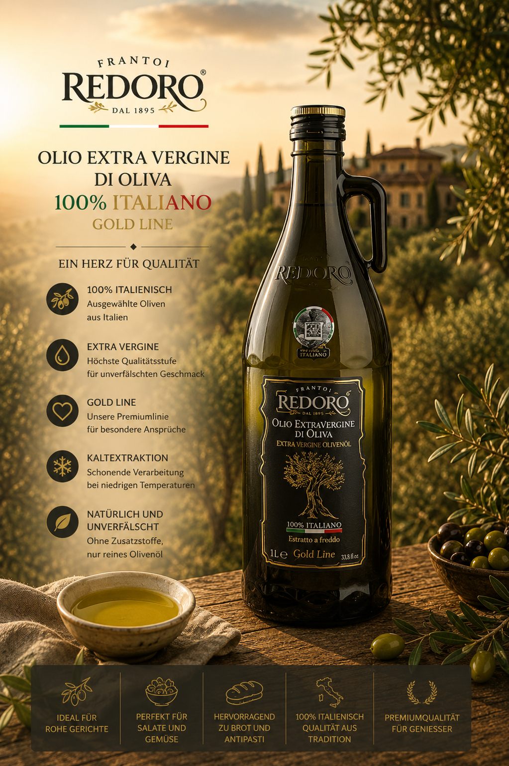 Olivenöl, Olivenflasche, Extra virgin, Gold Line, Italien