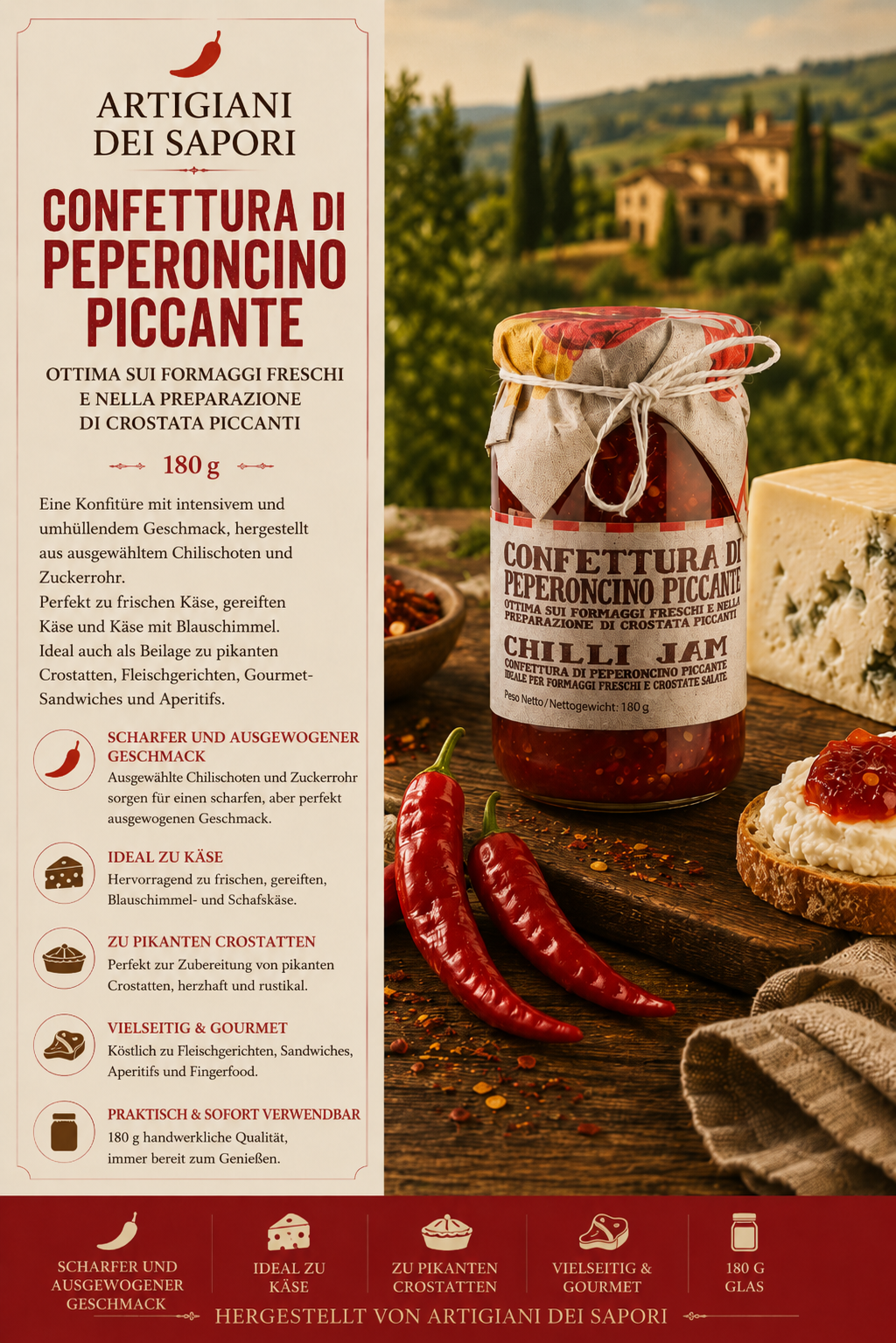 Chili-Marmelade, Chili-Jam, Glas mit Deckel, Käsebeilage, Picante Konfitüre