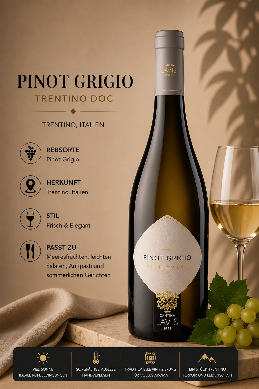 Pinot Grigio, Weißwein, Flasche, Trentino, Italien