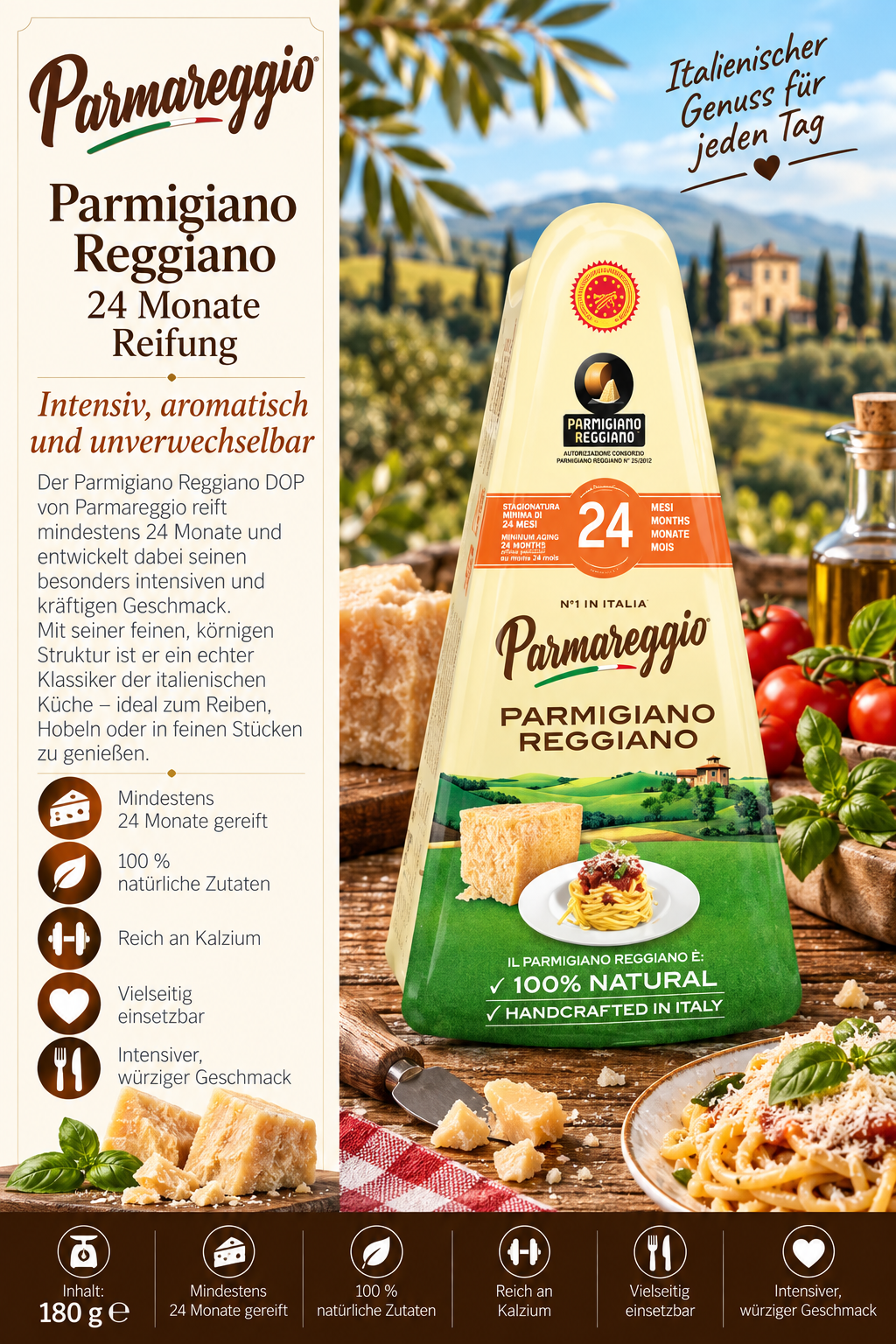 Käseblock, Parmigiano Reggiano, Italienischer Käse, Reifezeit 24 Monate, natürliches Produkt