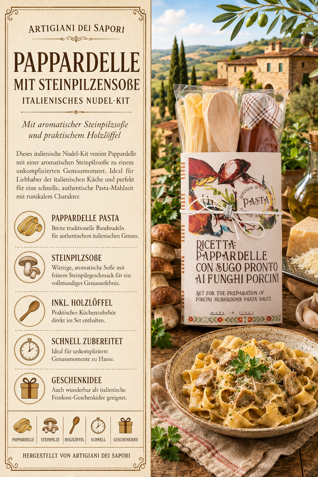 Pappardelle, Pasta-Kit, Steinpilzsoße, Holzlöffel, Italienische Nudel-Set