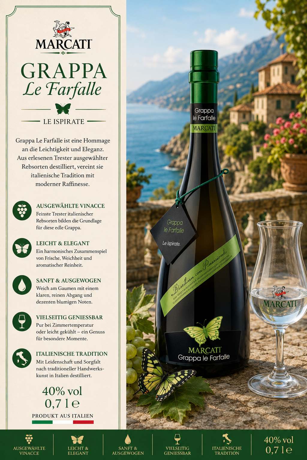 Grappa, Le Farfalle, Italienische Tradition, Grappaflavour, 0,7l