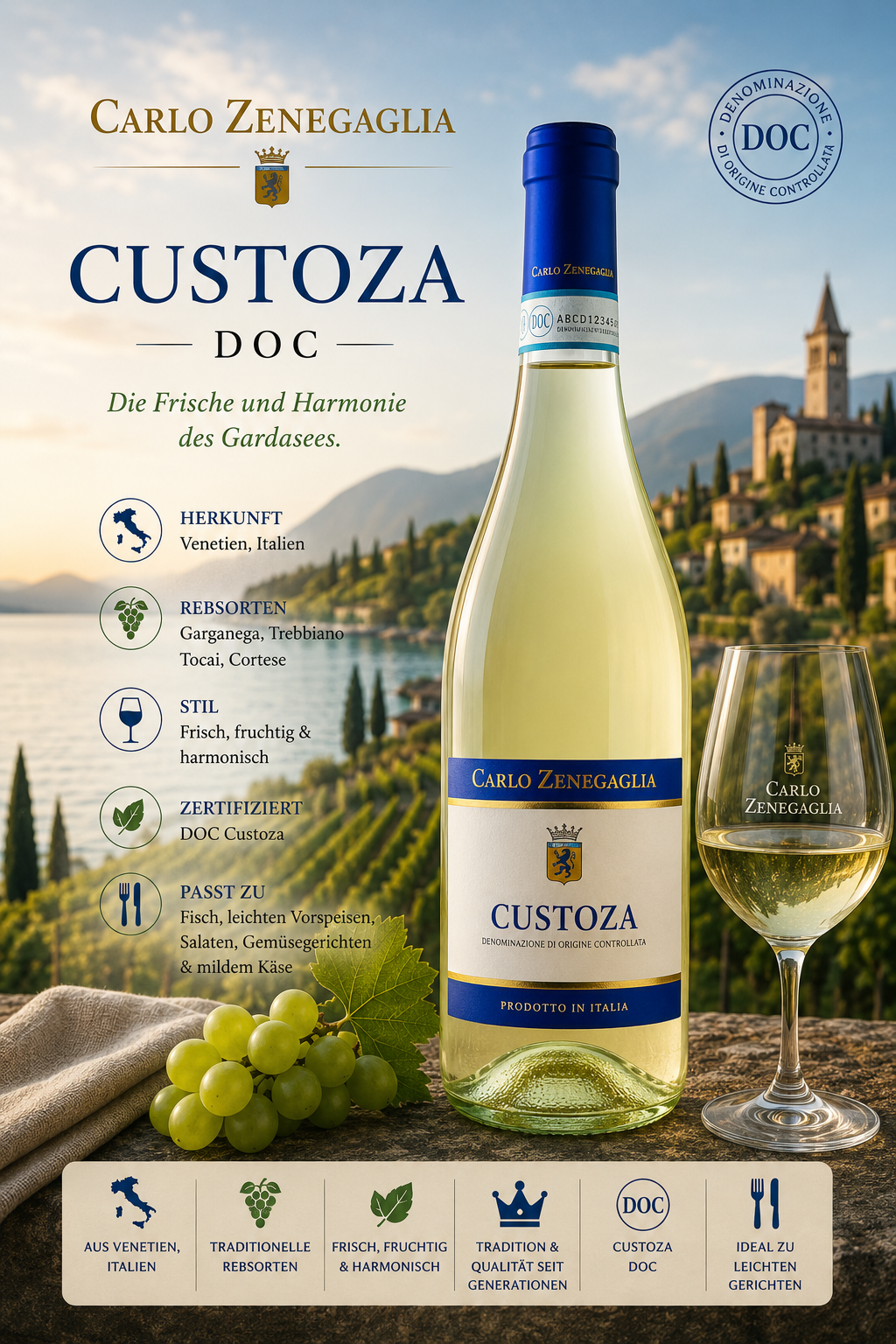 Weißwein, Custoza, Flasche, Glas, Italien