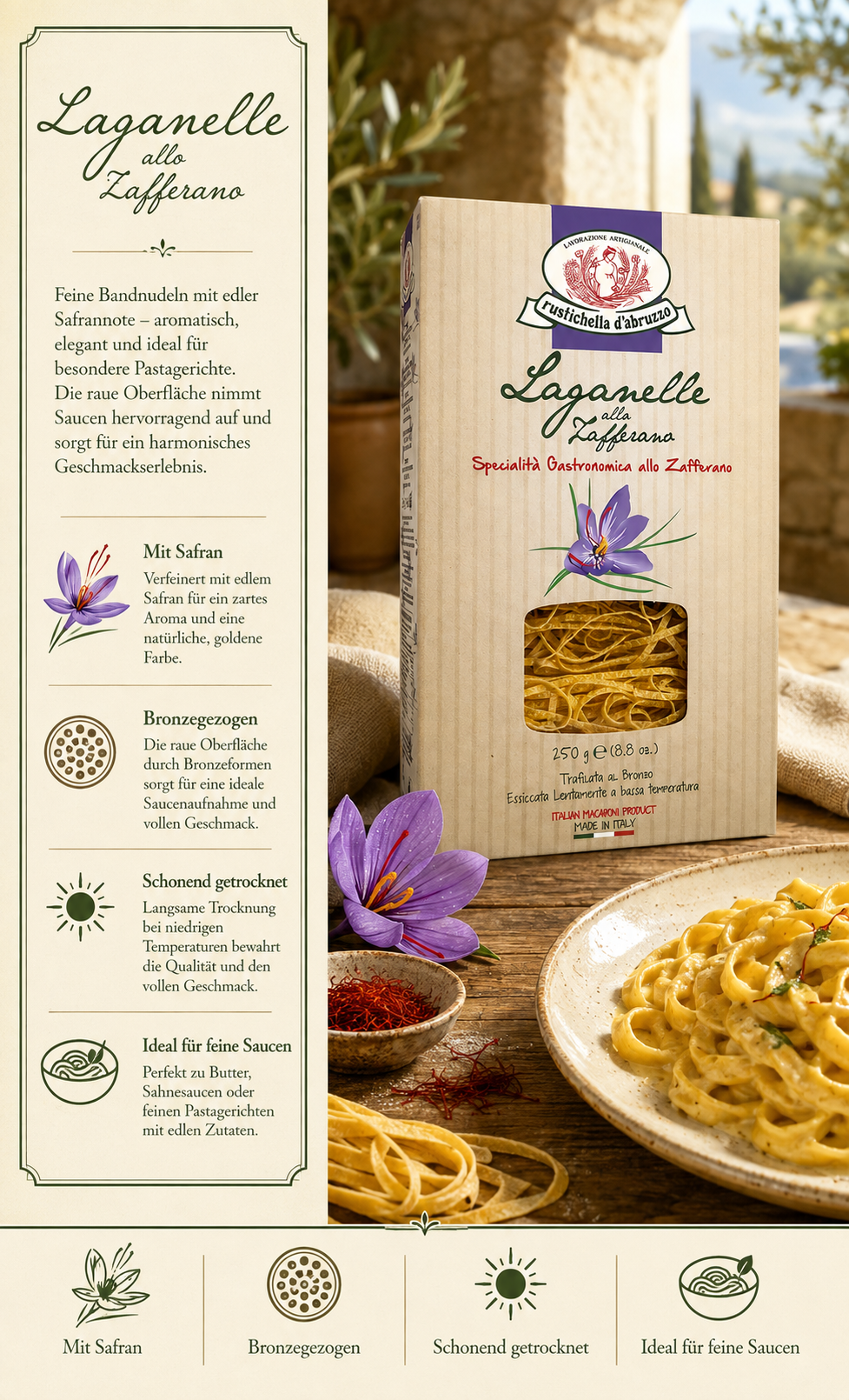 pasta, fennel, golden saffron, bronze die Oberfläche, artisan pasta