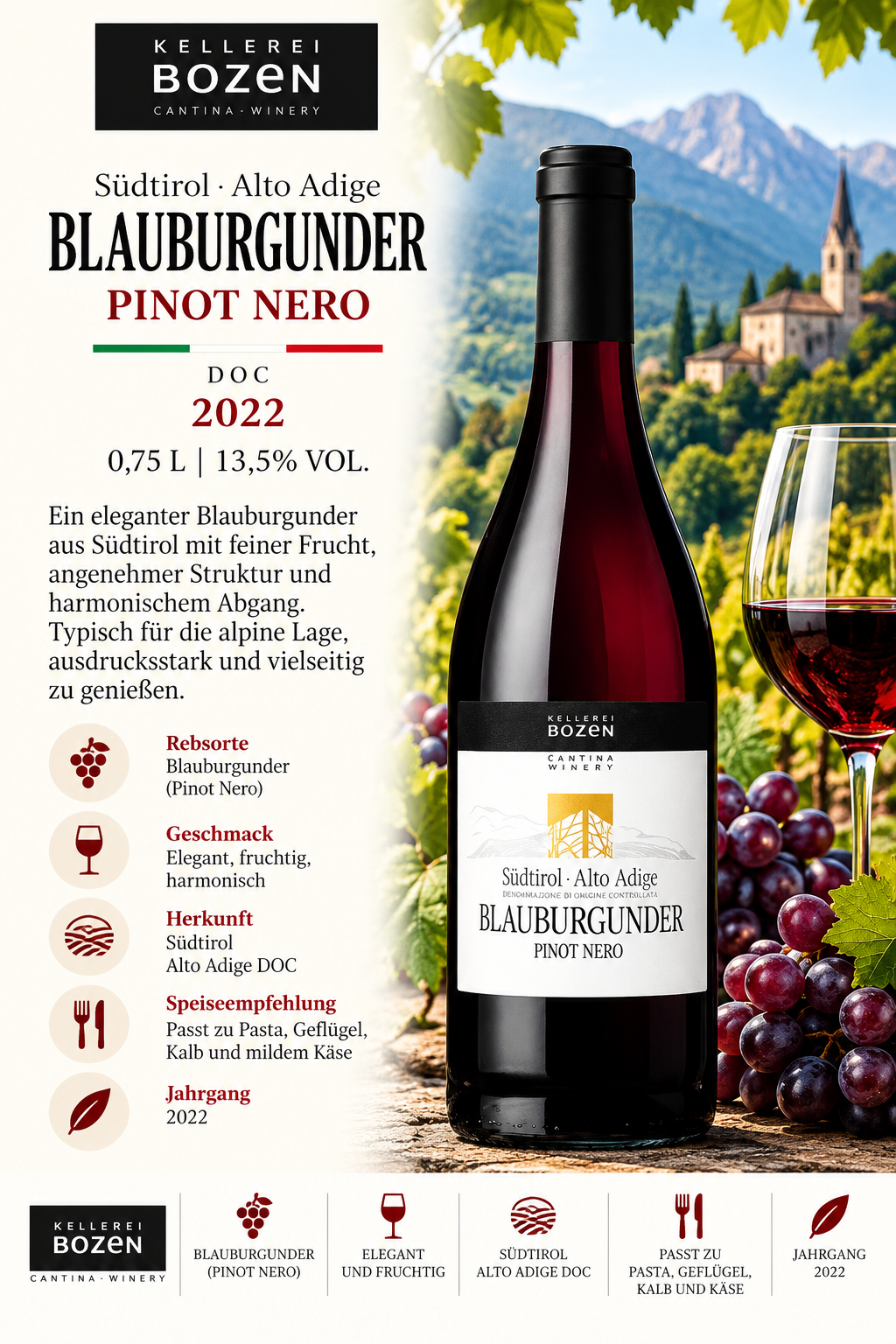 Pinot Noir, Blauburgunder, Weinflasche, Alto Adige, 2022