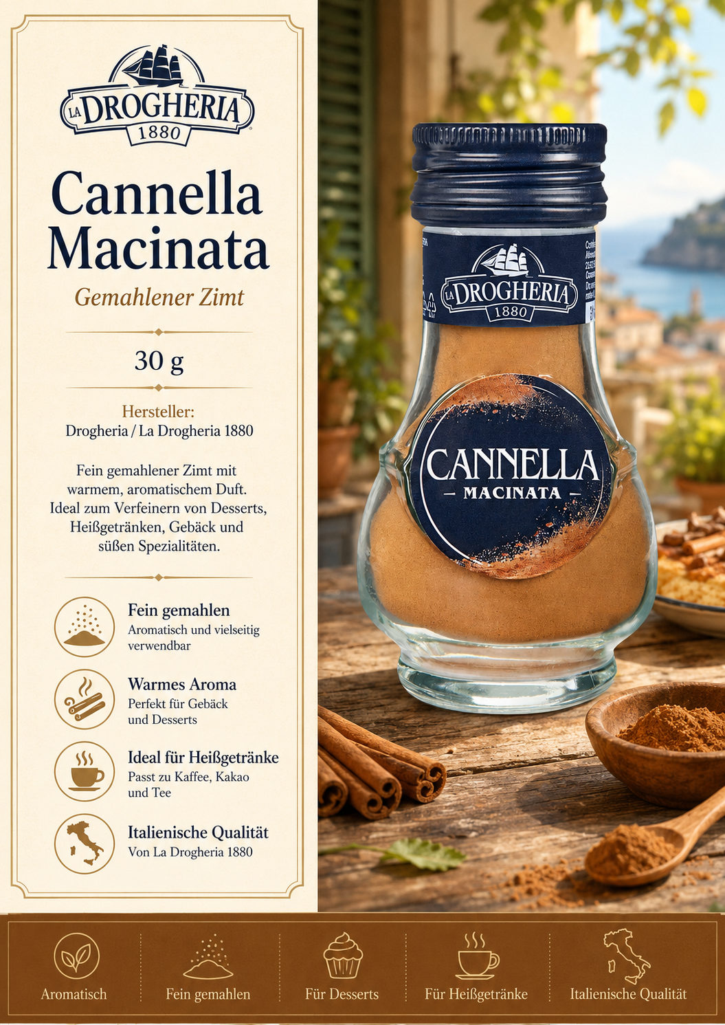 Cannella, Macinata, Zimt, Zimtpulver, Likör-Glas