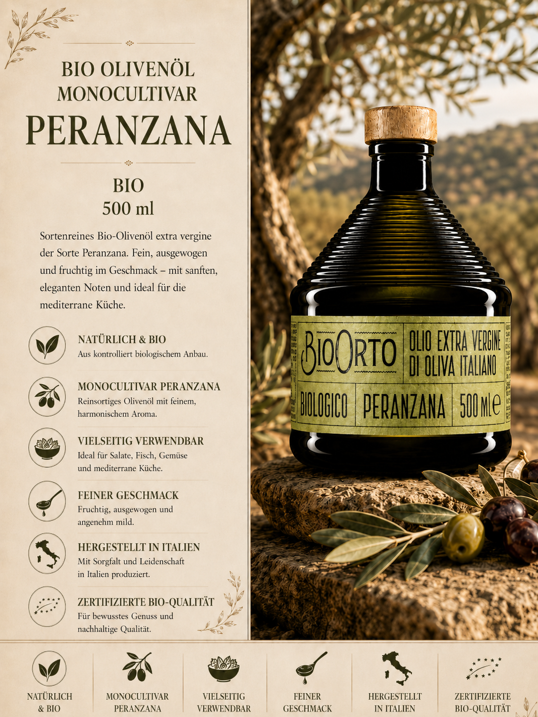 olivenöl, Bio, Peranzana, 500 ml, Flasche