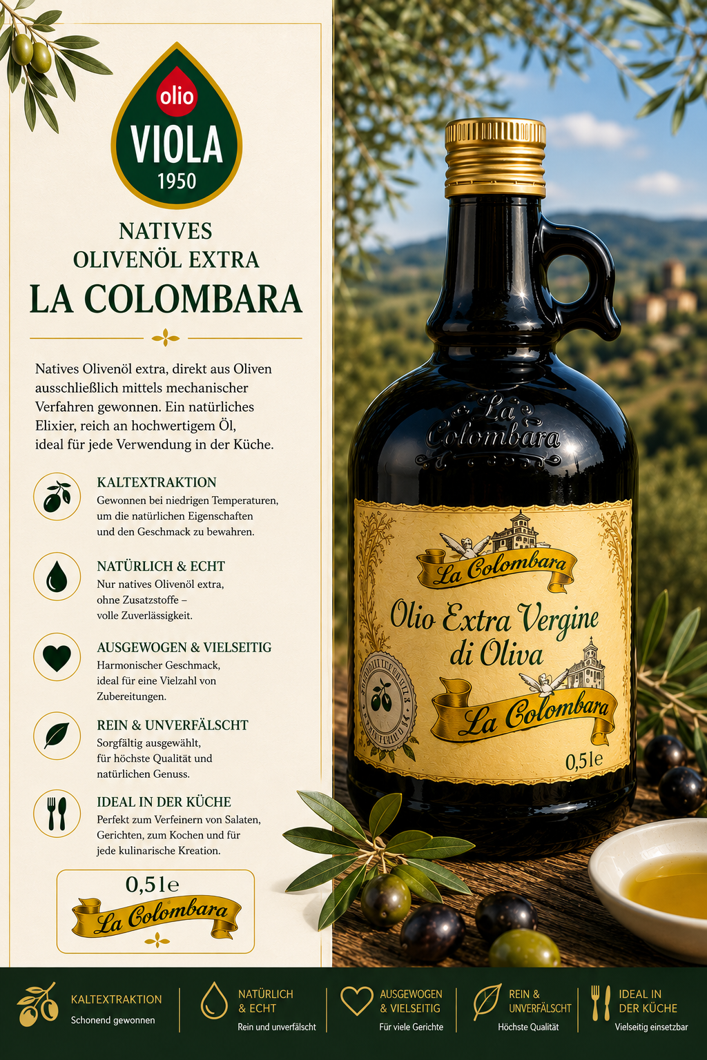 Olivenöl, Extra Vergine, La Colombara, Glasflasche, 0,5l