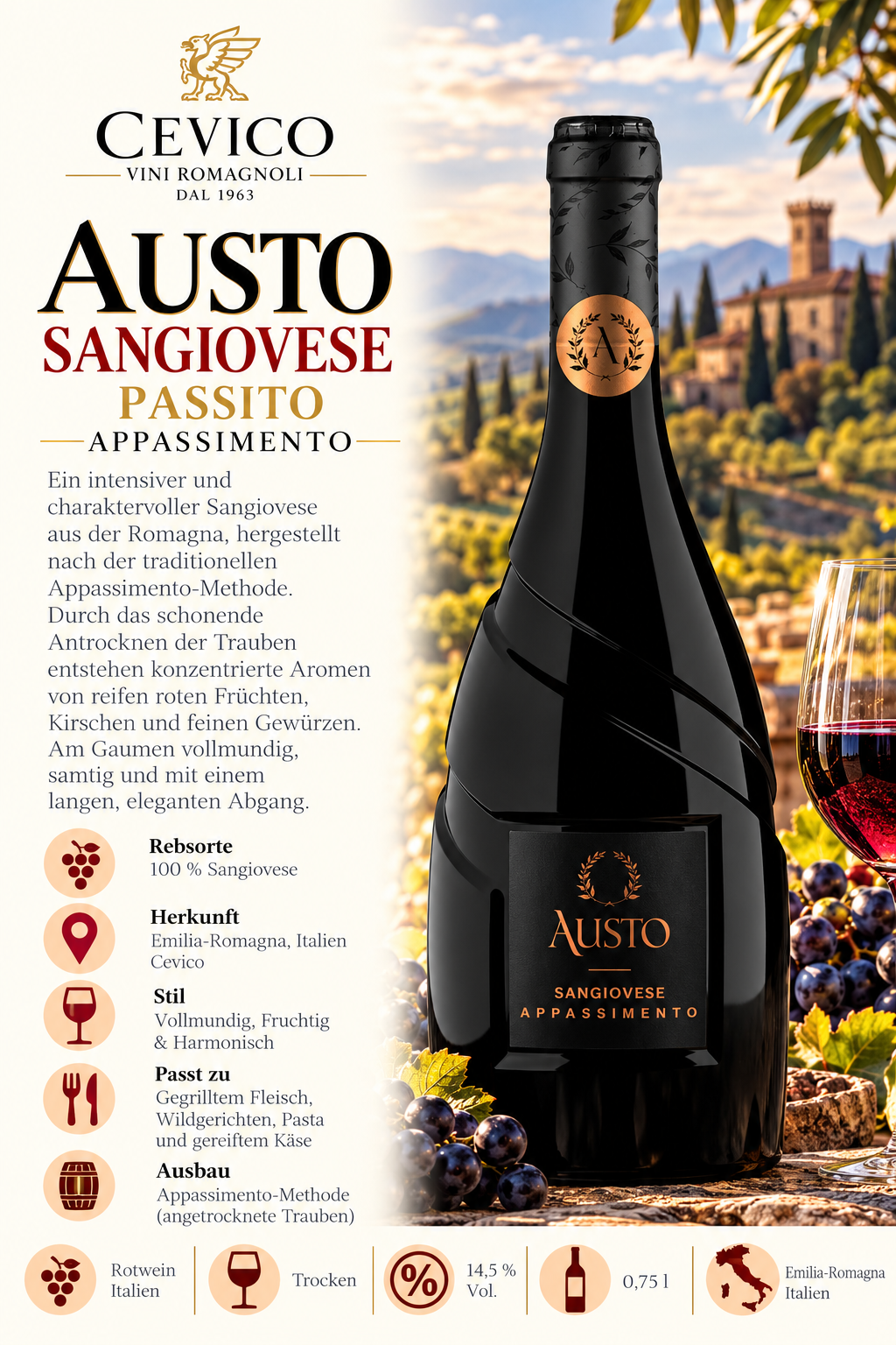 Sangiovese, Ausstro, Passito, Weinflasche, Italienischer Wein