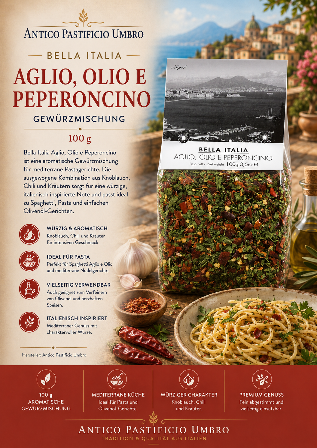 Gewürzmischung, Aglio Olio Peperoncino, Pasta Zutat, Knoblauch, Chili