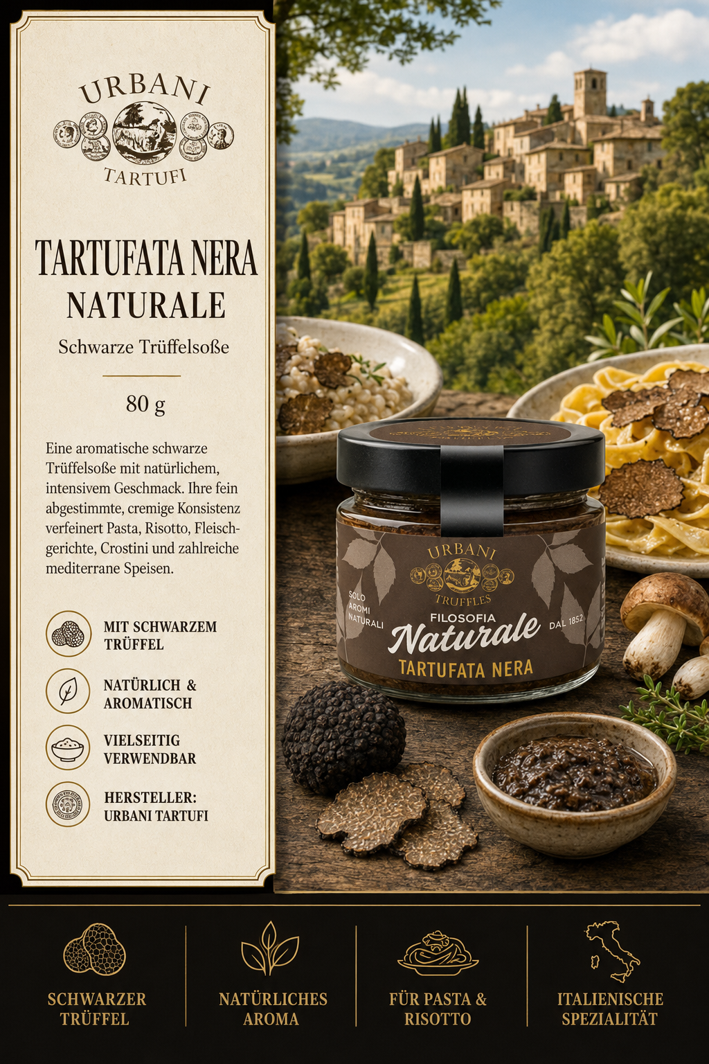 Trüffelsoße, Schwarzer Trüffel, Glas jar, Italienische Spezialität, Naturaroma