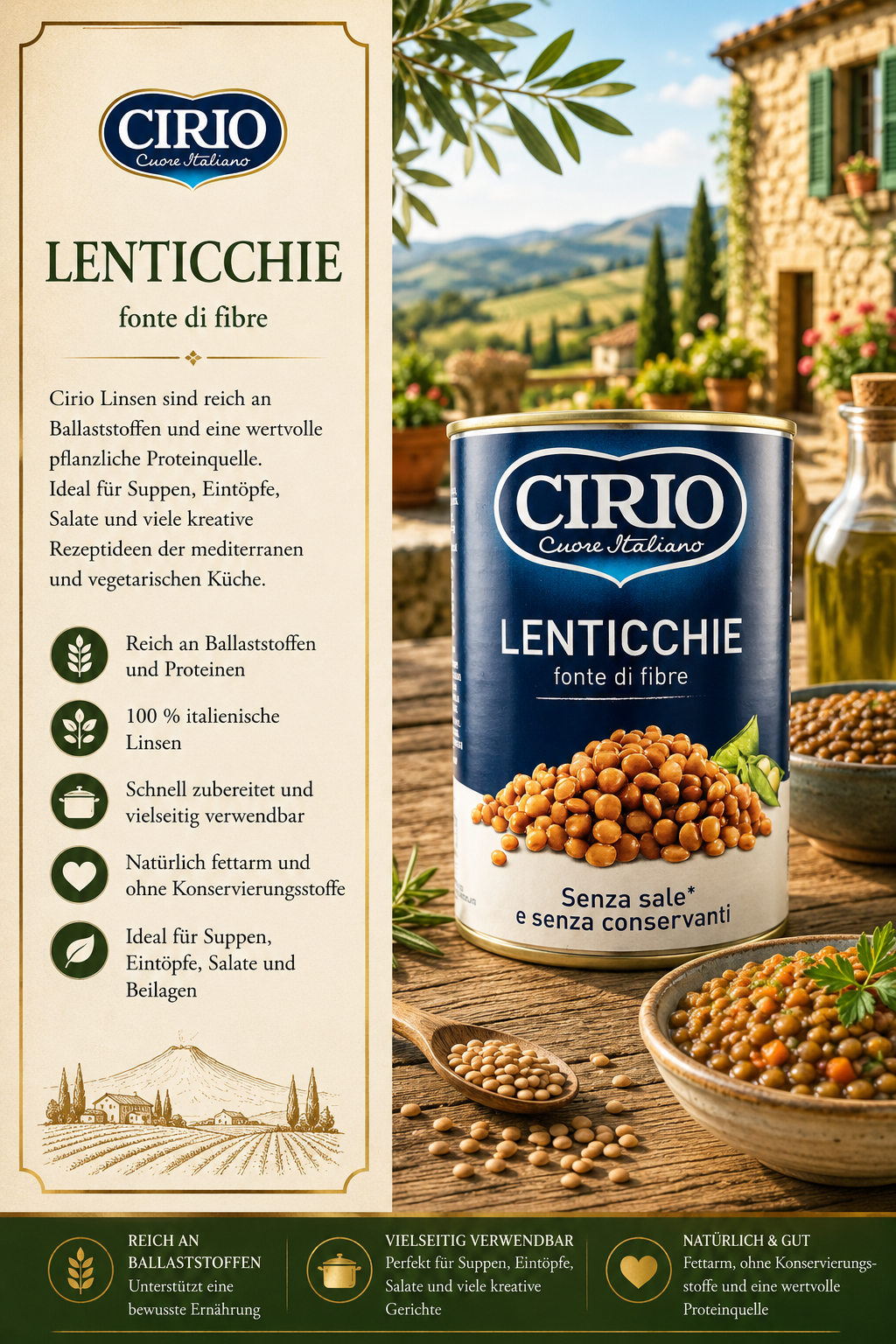 Lenticchie, Linsen, Konserve, Mehlig, fibre