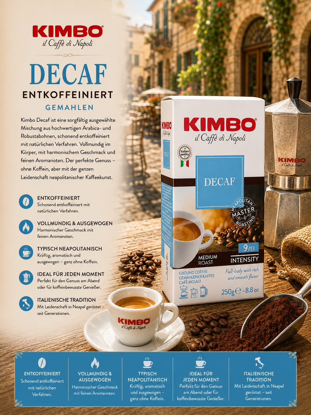 Decaf, Ground coffee, Medium roast, Box packaging, Espresso cup