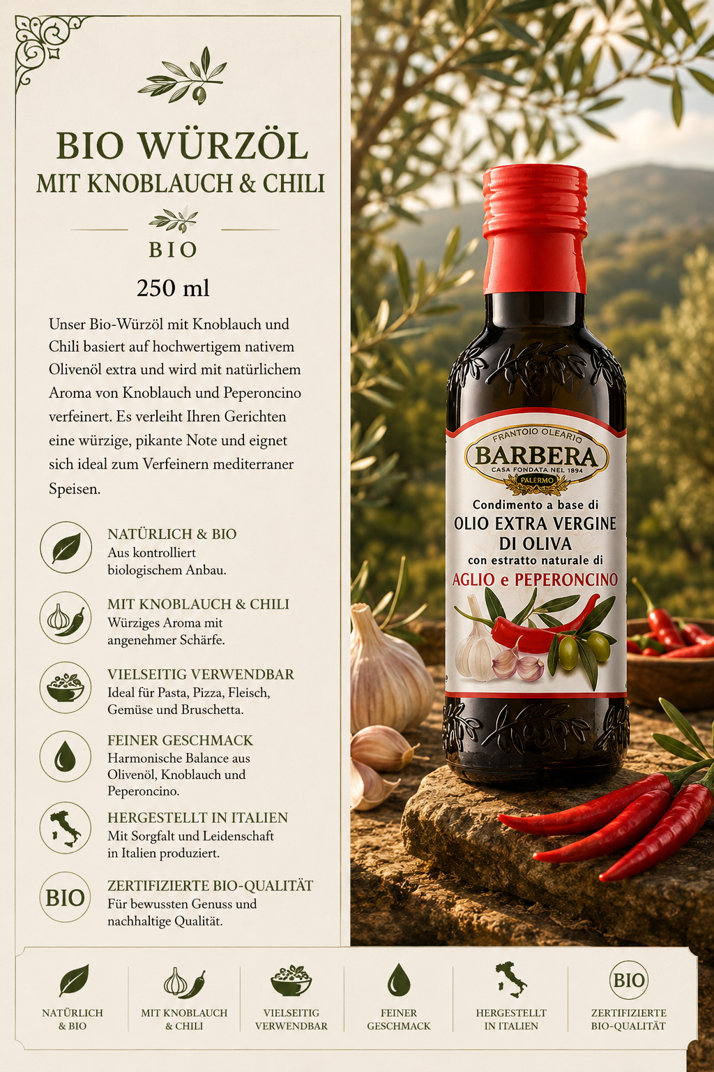 BIO, Würzöl, Knoblauch, Chili, Olivenöl