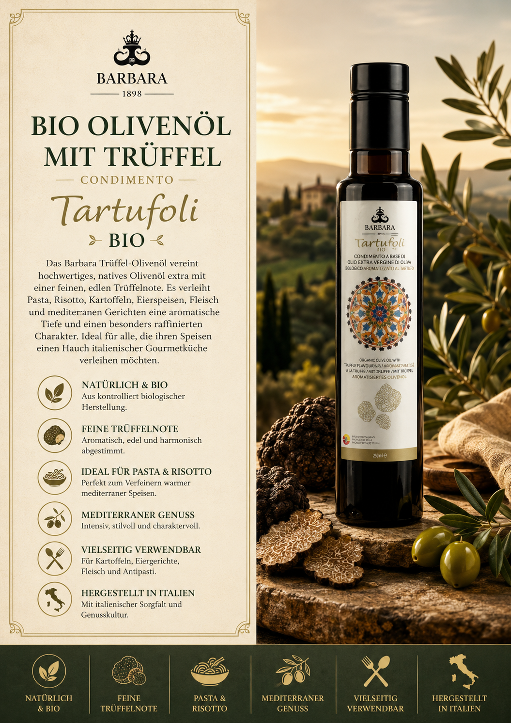 Olivenöl, Trüffelöl, Tartufoli, BIO, Ölflasche