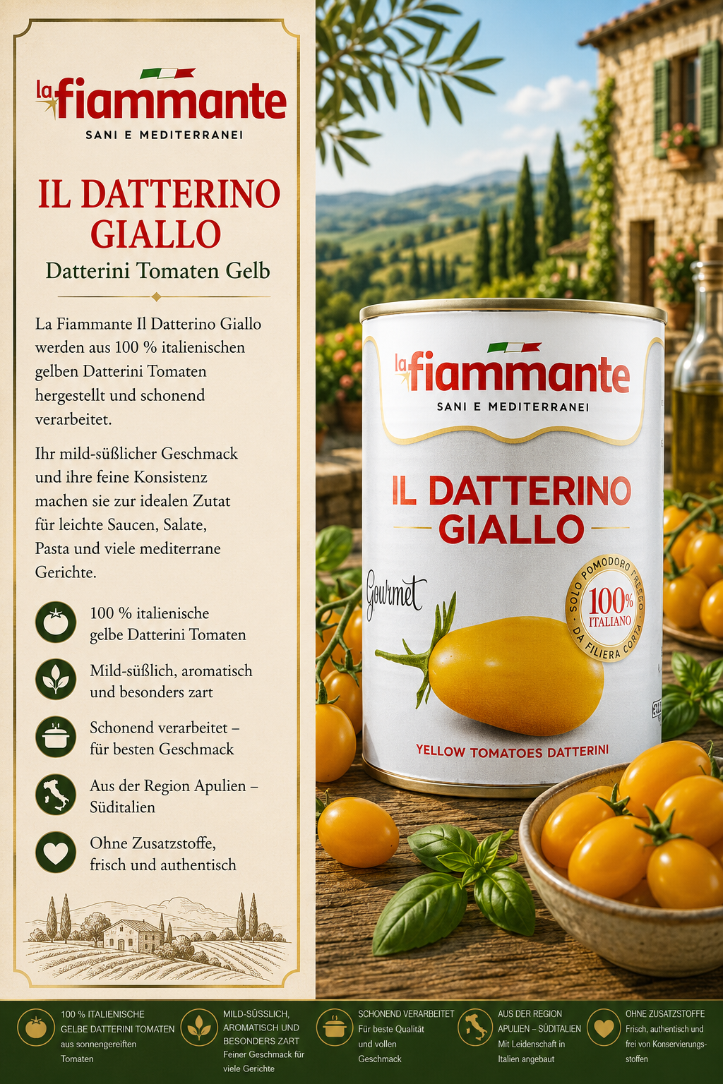 Datterino, Gelbe Tomaten, Tomatendose, Italienische Tomaten, Mediterrane Lebensmittel