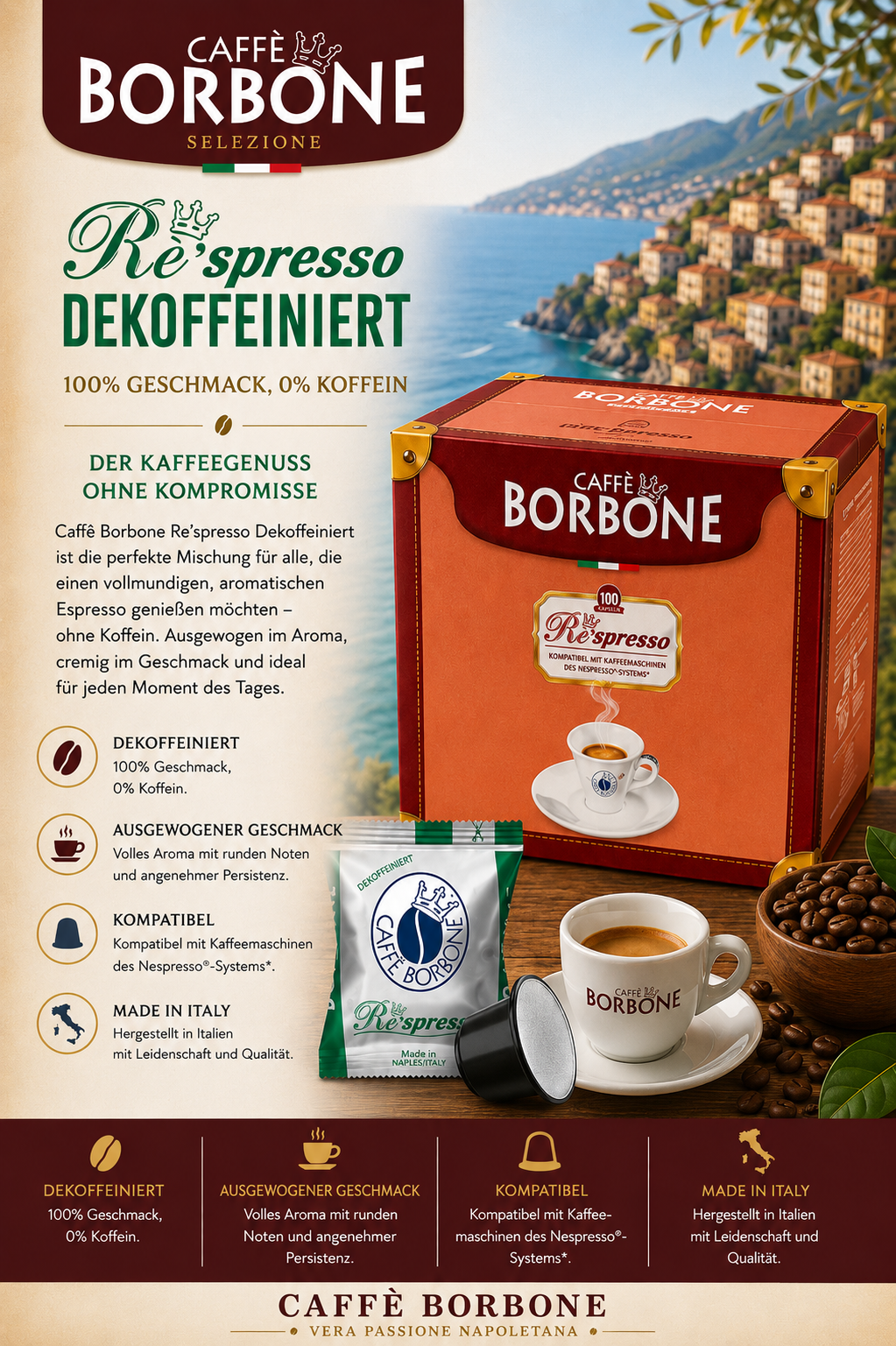 Kaffee Kapsel, Nespresso-kompatibel, Dekoffeinierter Kaffee, Kaffeemaschine kompatibel, Bohnenkaffee Verpackung
