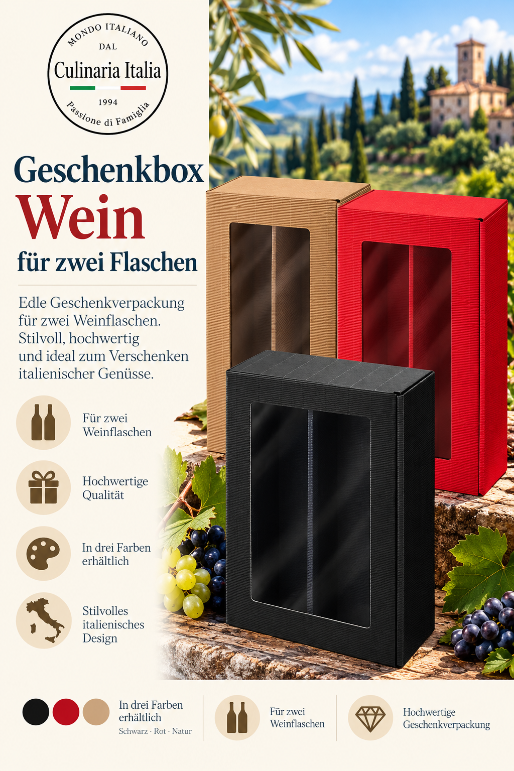 Weinbox, Geschenkverpackung, Zwei Flaschen, Holzoptik, Farbenbox