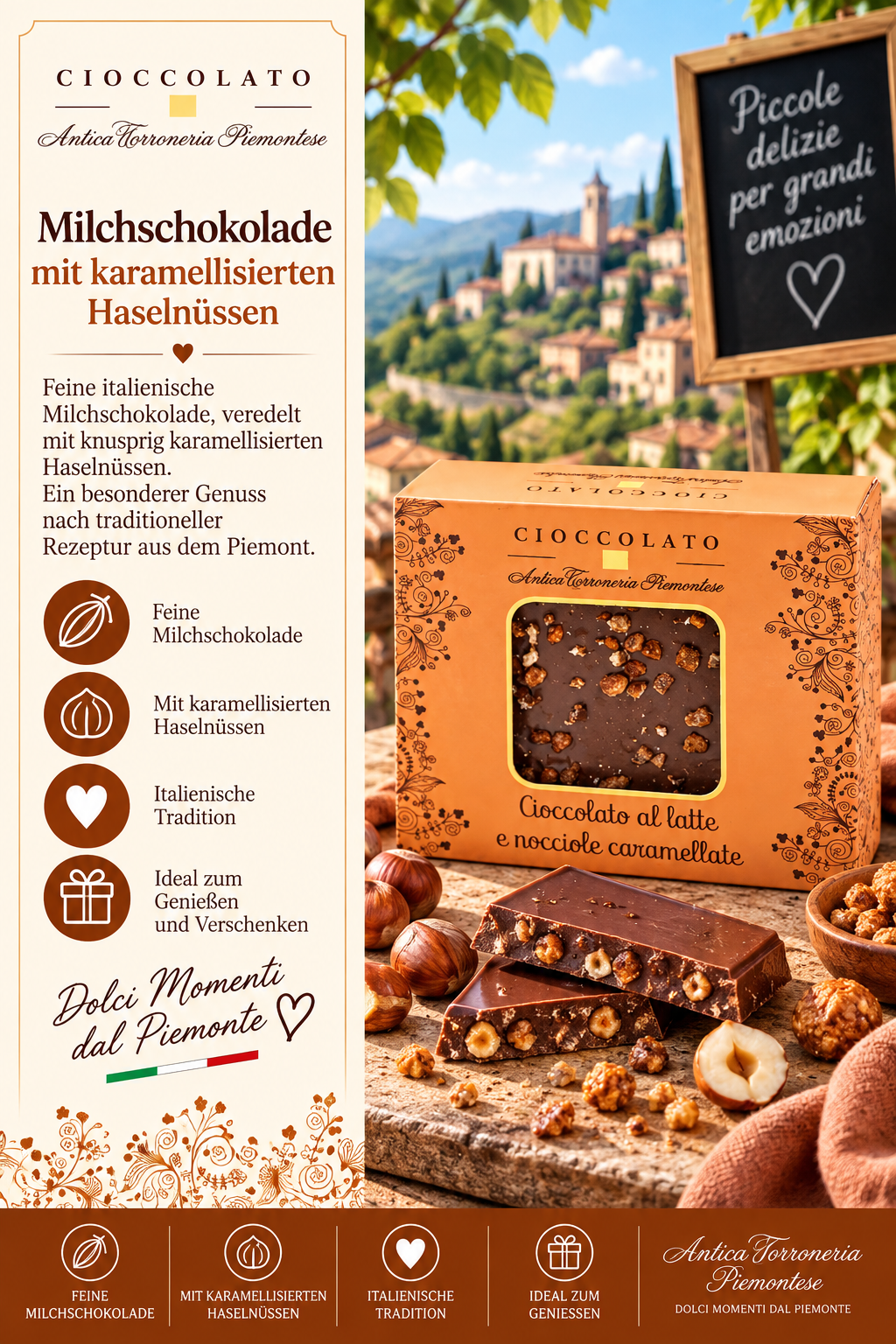 Milchschokolade, Karamellisierte Haselnüsse, Schokoladenriegel, Italienische Tradition, Nussstücke