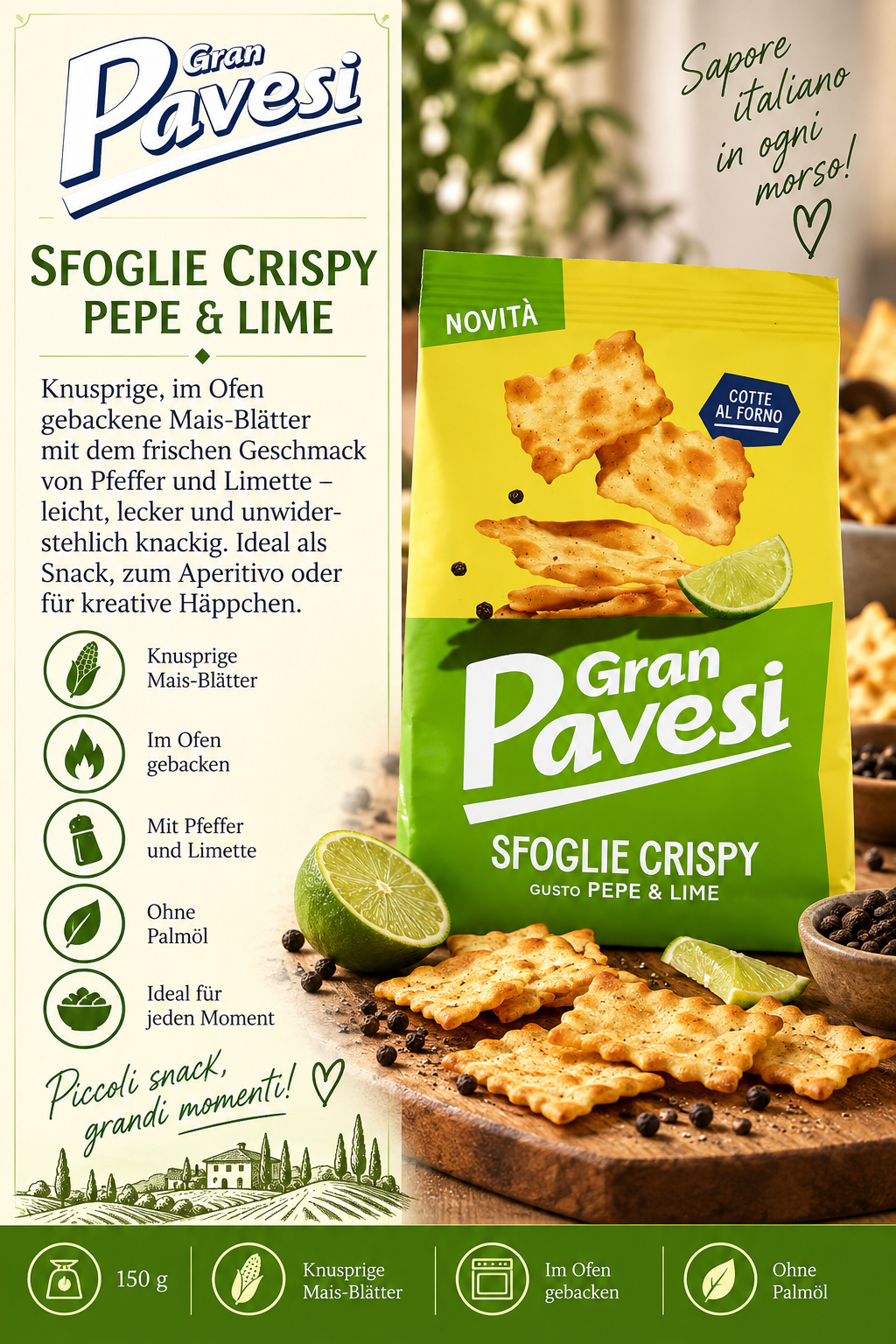 Snack, Corn crackers, Limette, Pfeffer, Knabbergebäck