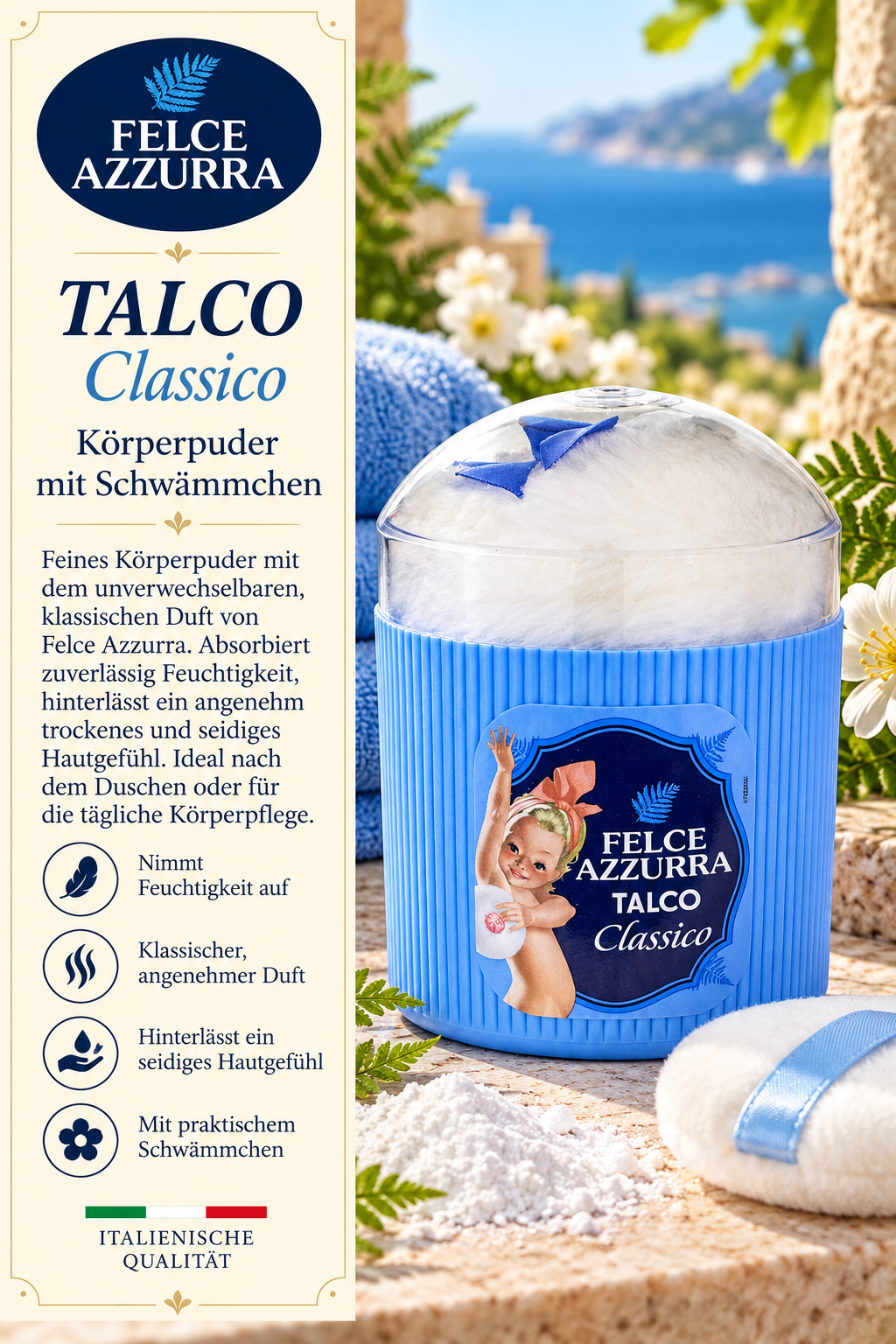 Körperpuder, Schwämmchen, Talco, Classico, Italienische Qualität