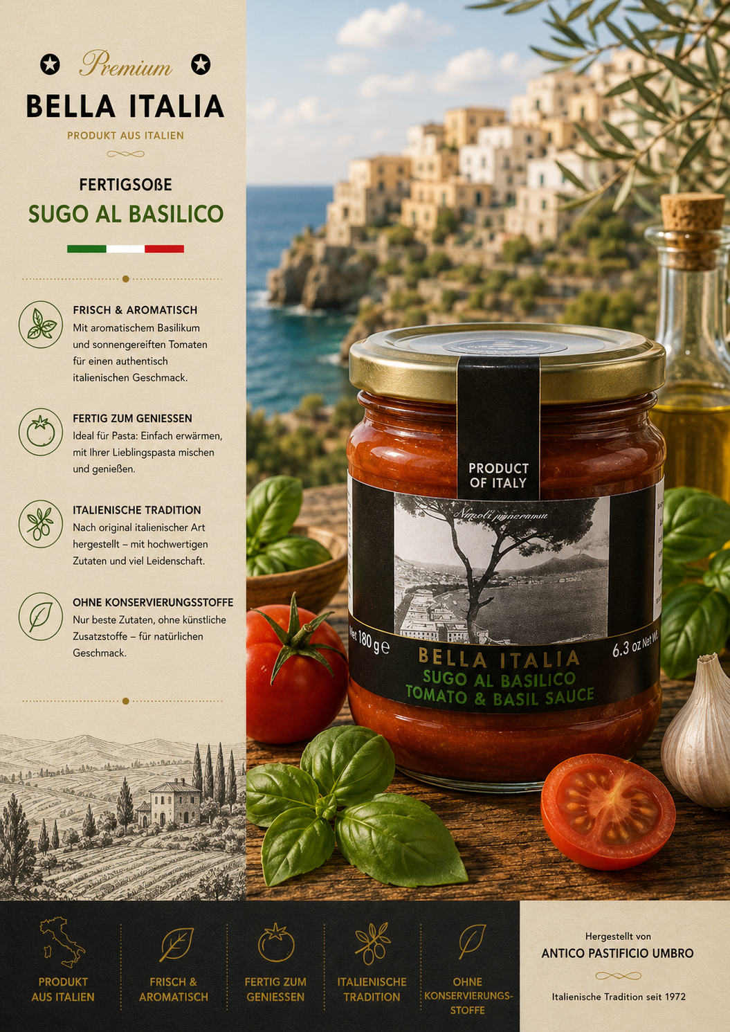 Tomatensoße, Basilikum, Glasglasur?, Italien Herkunft, keine Konservierungsstoffe