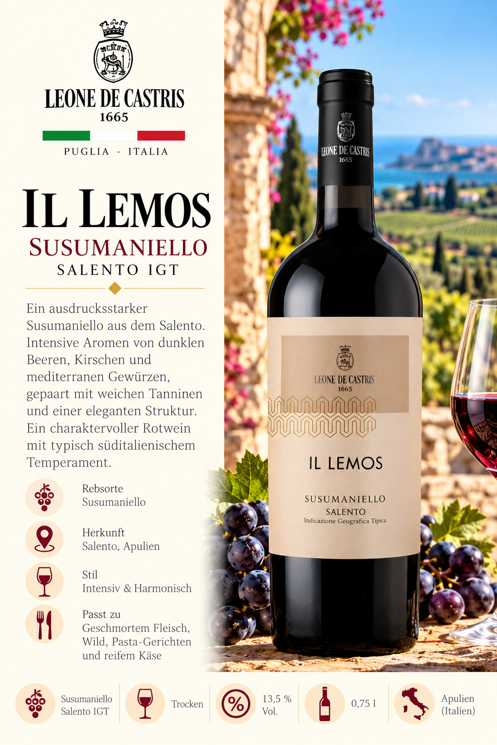 Rotwein, Susumaniello, Il Lemos, Salento, Italien