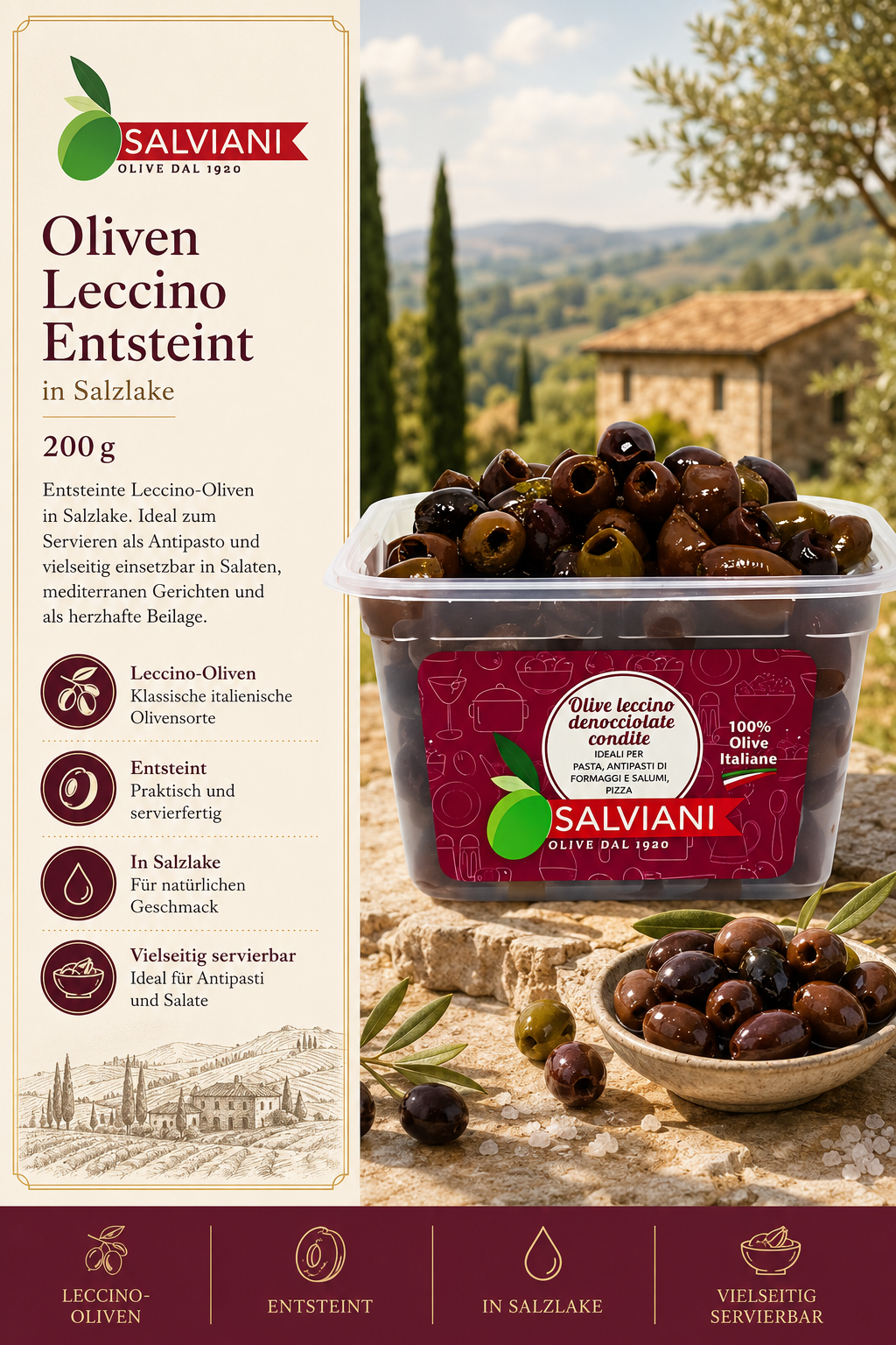Oliven, Leccino, entsteint, in Salzlake, 200 g