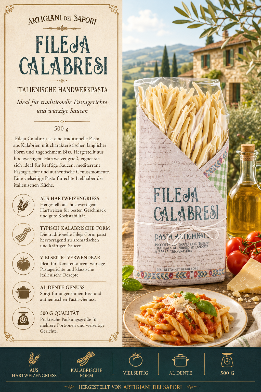 pasta, pasta aus kalabrien, italienische handwerkspasta, format pasta fiileja calabresi, 500 g, pasta, verpackungspasta, italienische nudeln, hartweizengrießnudeln, serviervorschlag