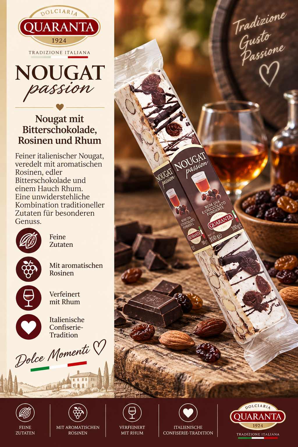 Nougat, Schokolade, Rosinen, Rum, Praline