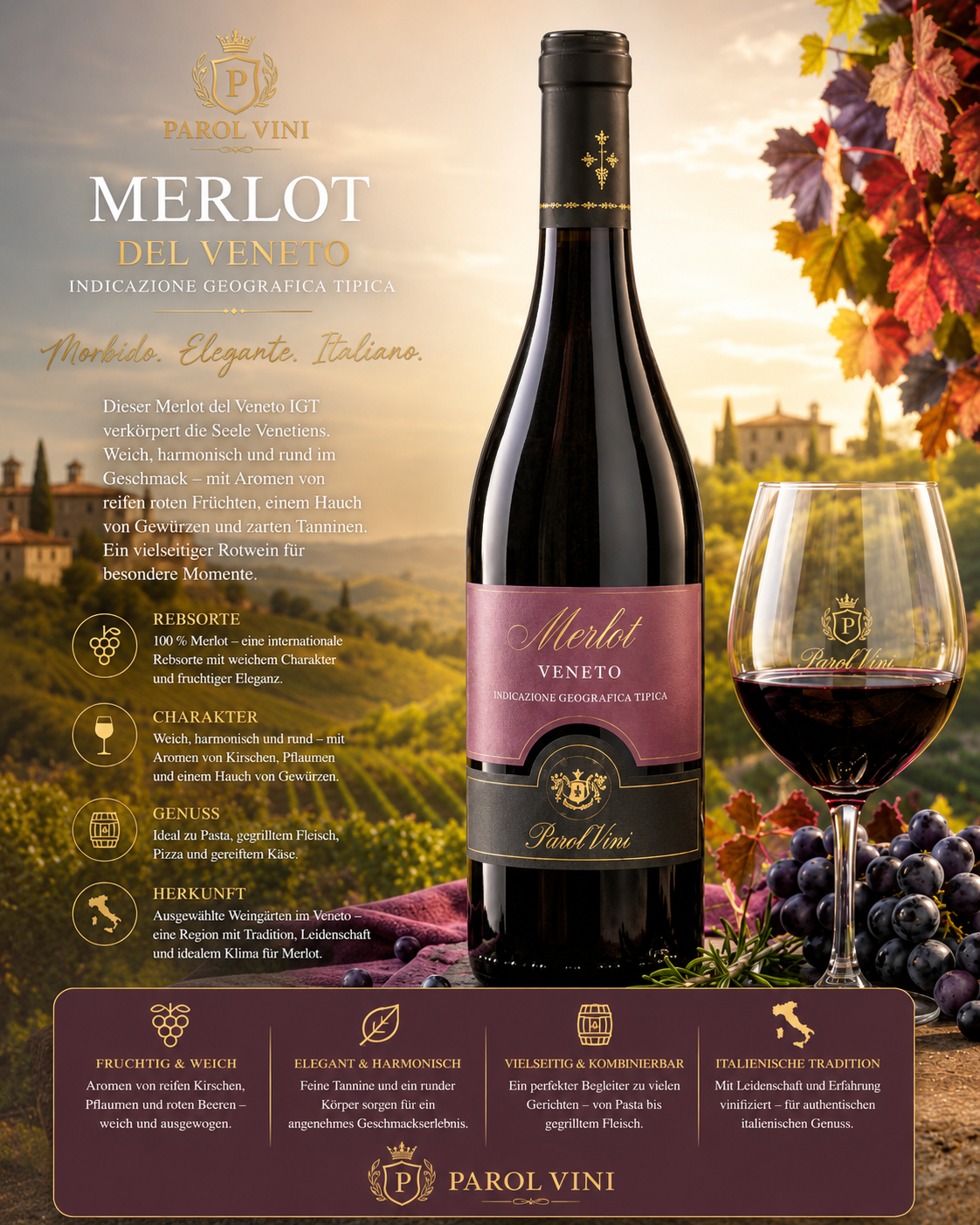Merlot, Weinflasche, Rotwein, Italienische-Tradition, Weinreben