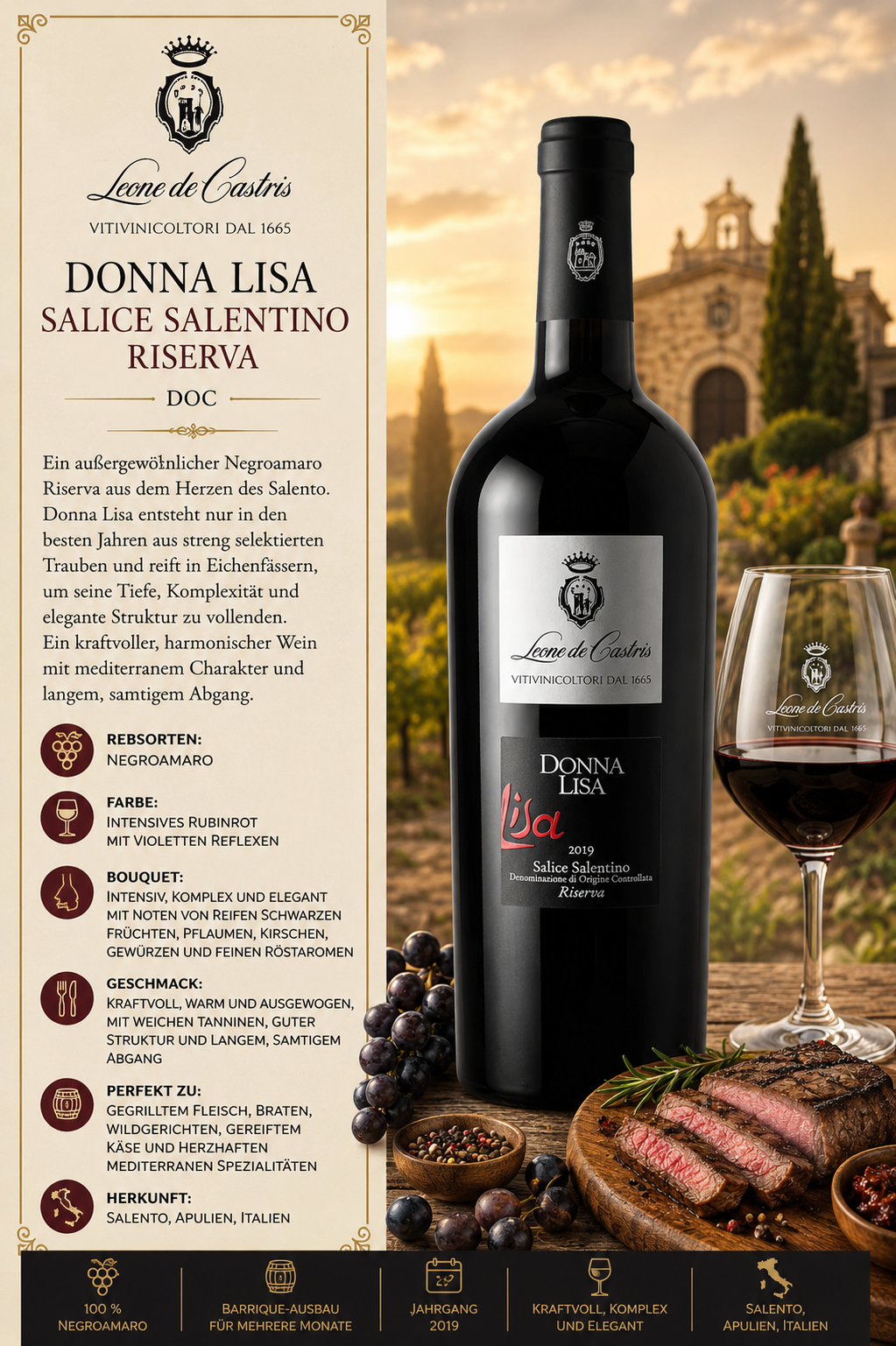 Wein, Rotwein, Donna Lisa, Salento, Riserva