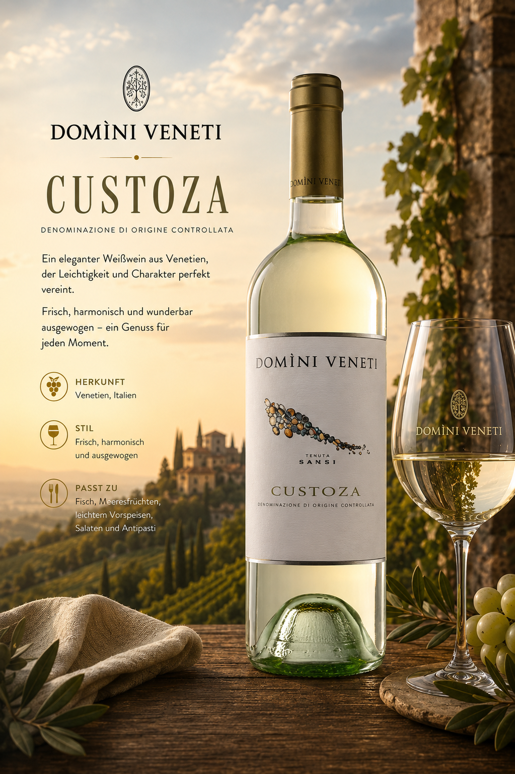 Weißwein, Custoza, Flasche Wein, Vin, Grüne Flasche, Weißwein, Custoza, Flasche, Glas, Etikett