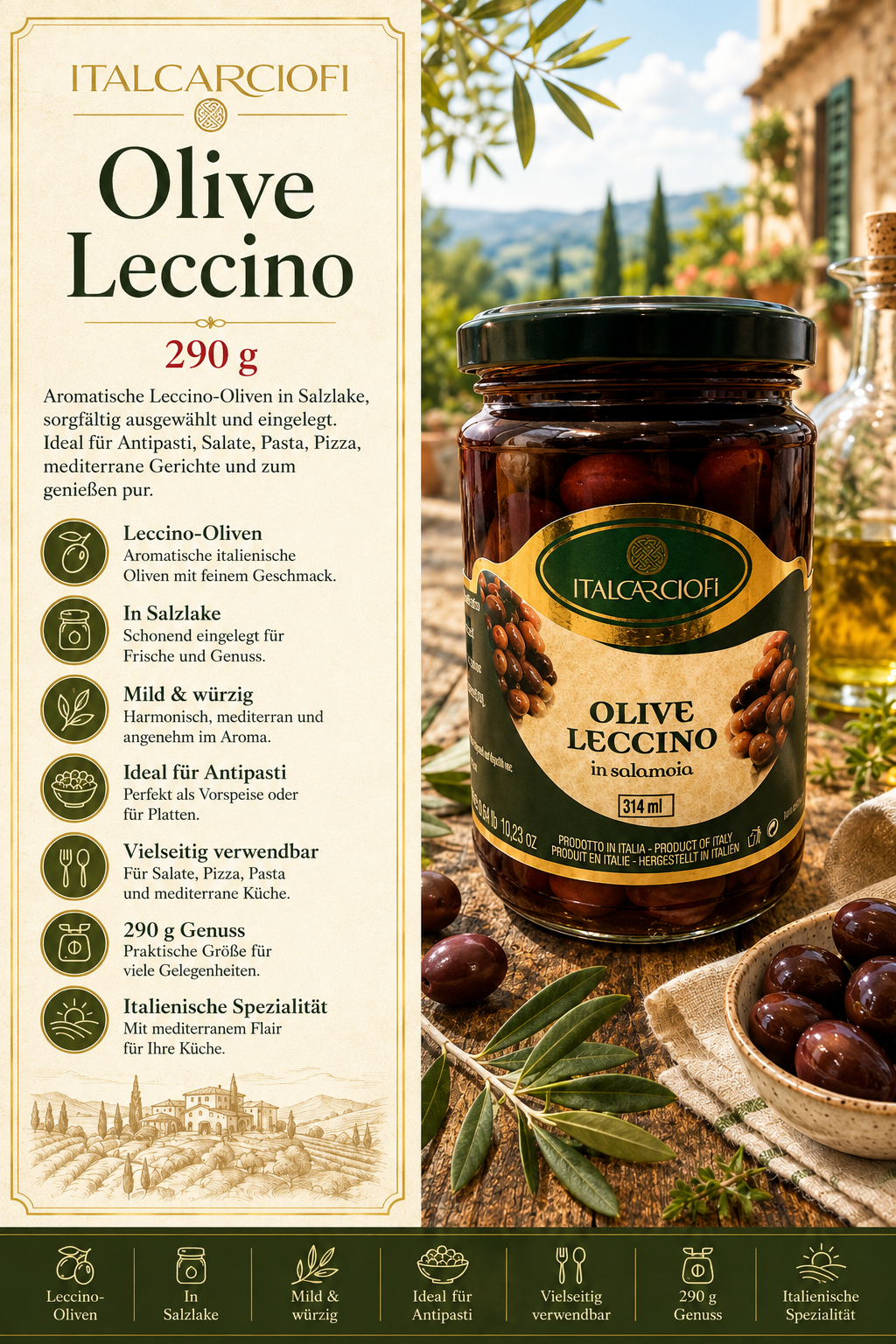 Oliven, Leccino, Glas jar, Italienische Spezialität, Salzzubereitung