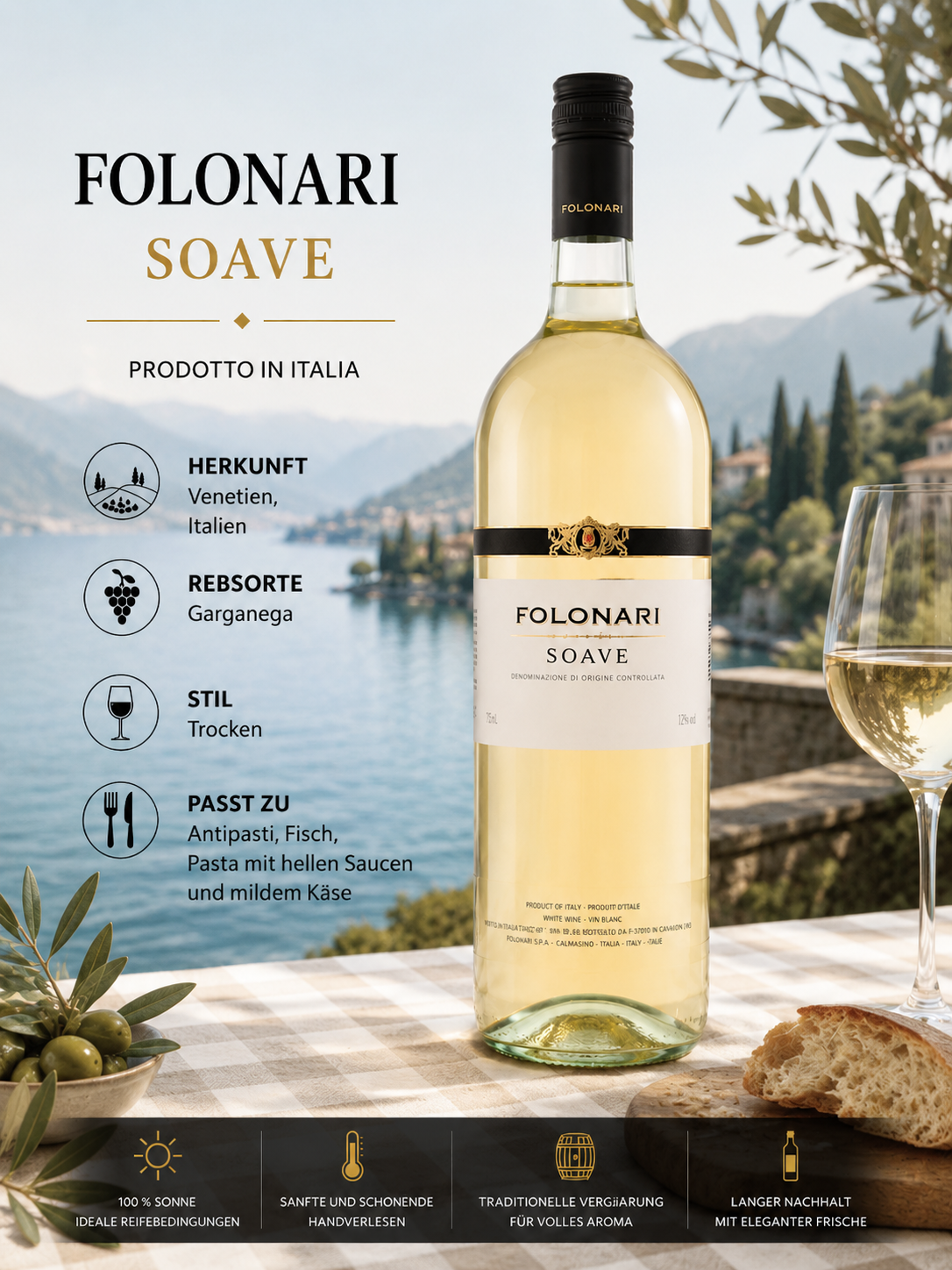Weißwein, Flasche, Gartenandsee, Soave, Italienisches Weingut